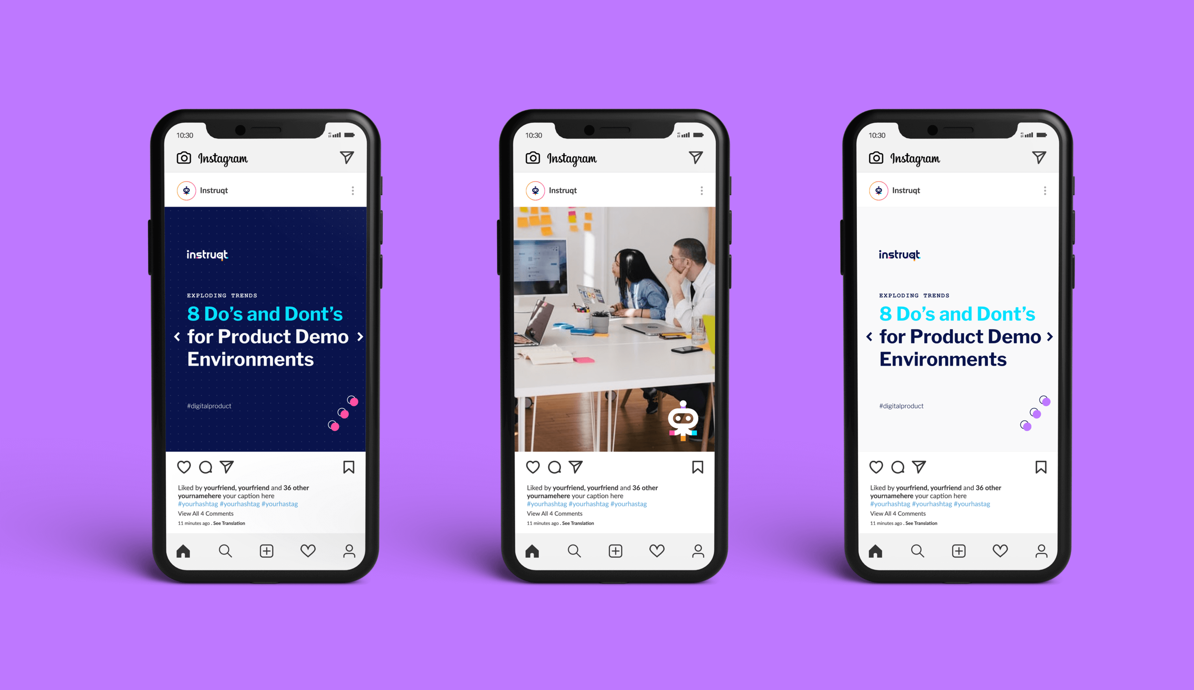 Visual with 3 mobile screens showing postings of instruqt on instagram.