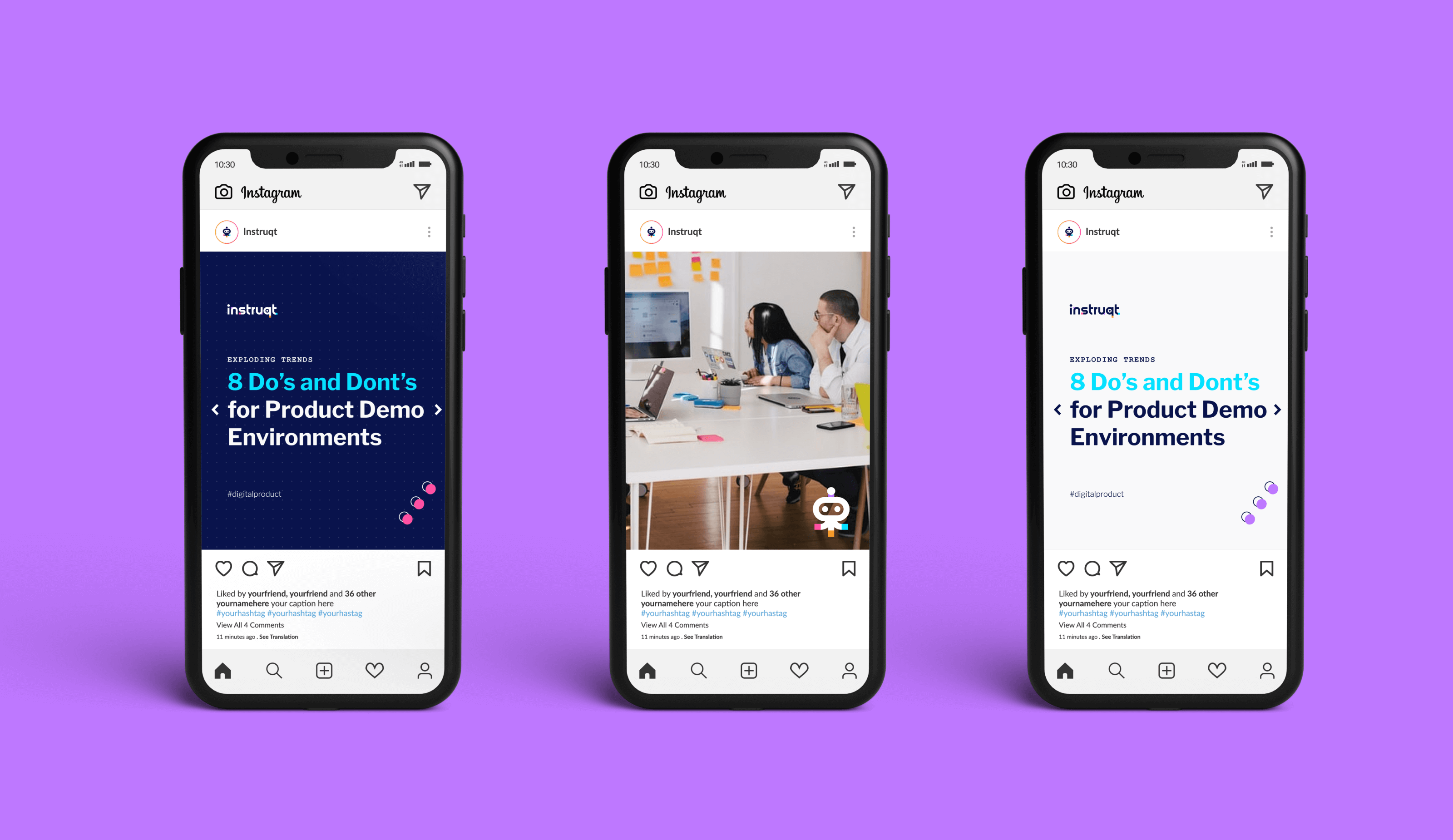 Visual with 3 mobile screens showing postings of instruqt on instagram.