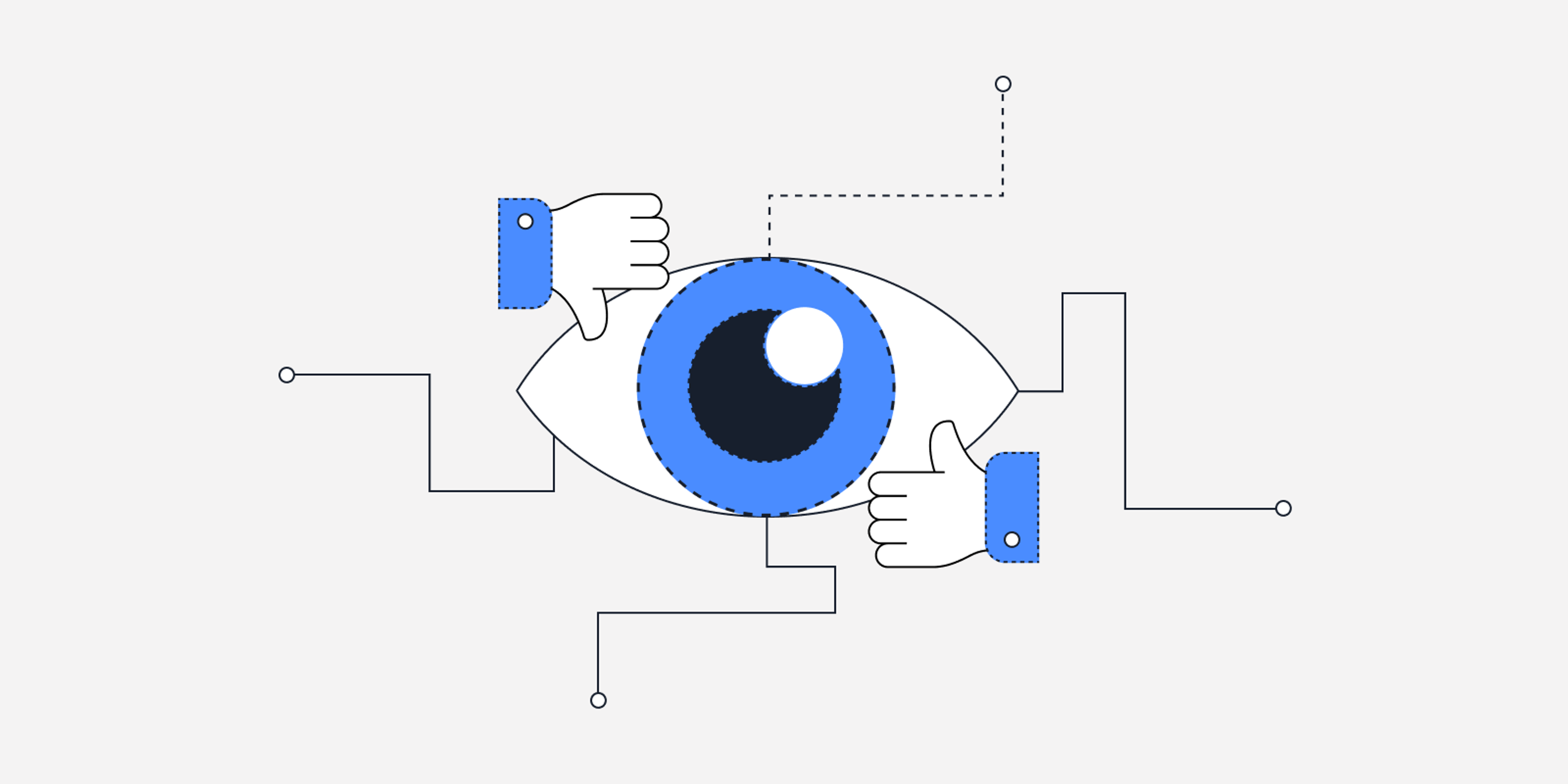 An illustration with an eye that represents artificial intelligence in the middle, accompanied by thumbs up and thumbs down.