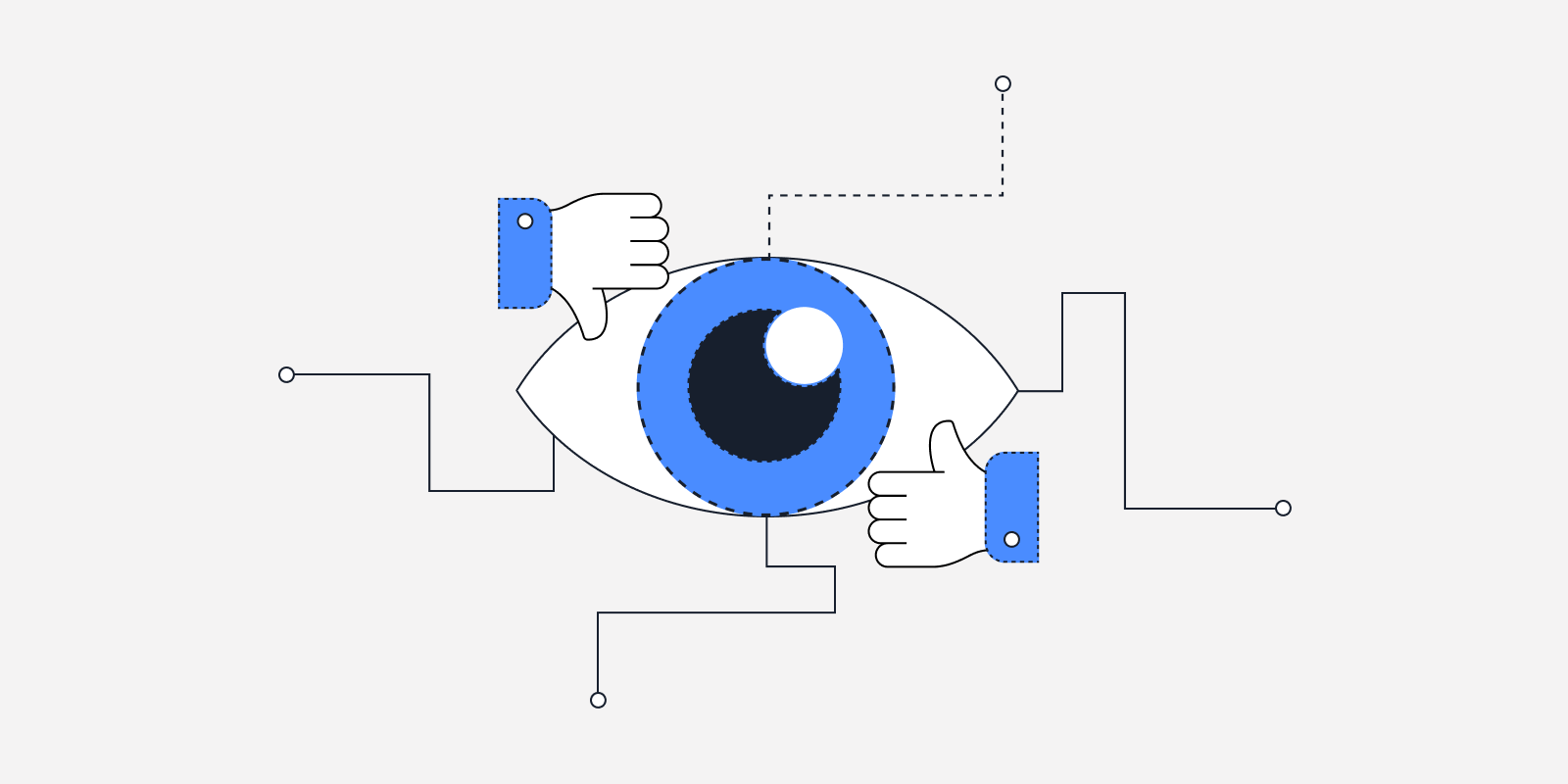 An illustration with an eye that represents artificial intelligence in the middle, accompanied by thumbs up and thumbs down.
