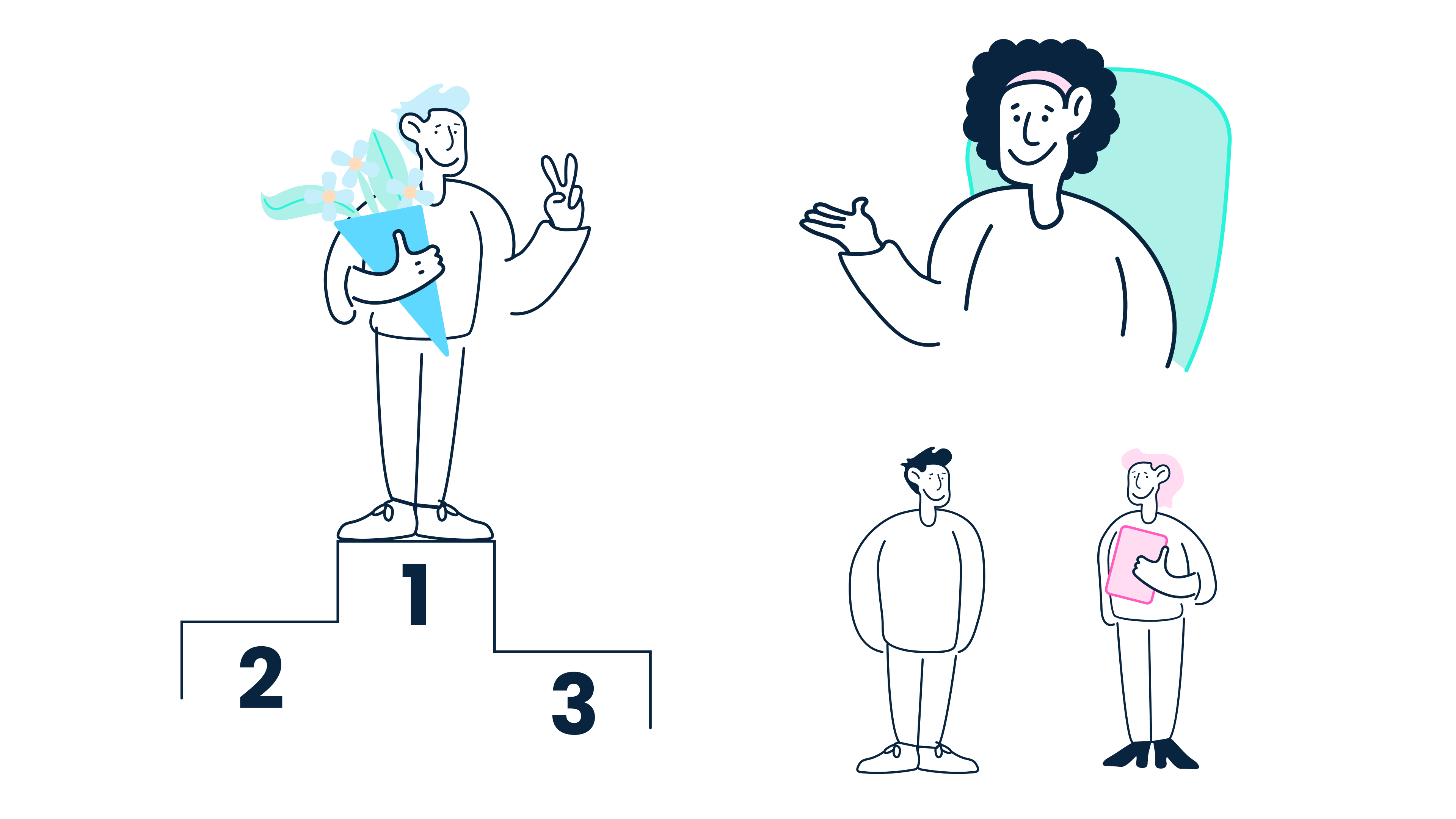 Three visuals with branded illustrations with people, all of them smiling. One man stands on the winners rostrum, a woman is doing a gesture as if she was explaining something, and a man and a woman are standing next to each other, talking
