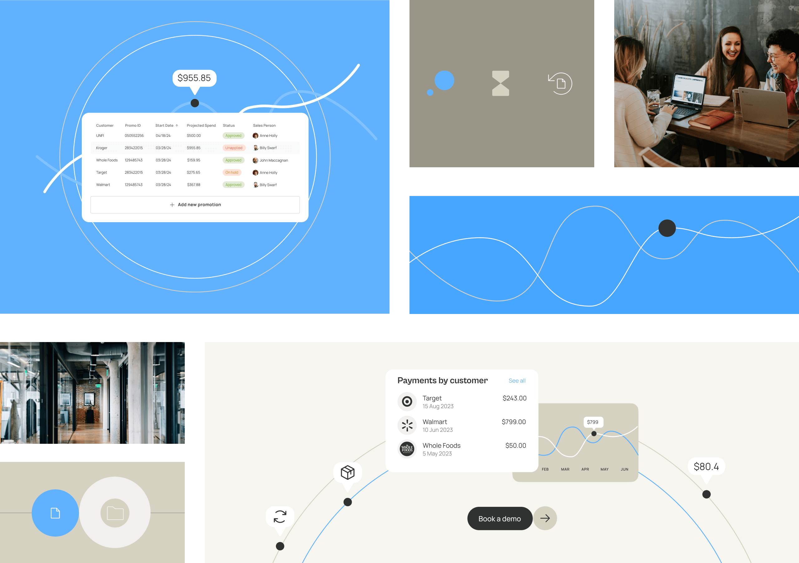 Visual representing various visual elements for Confido: a simplified UI screen on a deep sky blue background, an illustration in the brand style of Confido with a visual showing the payments by customer and other brand elements and icons.