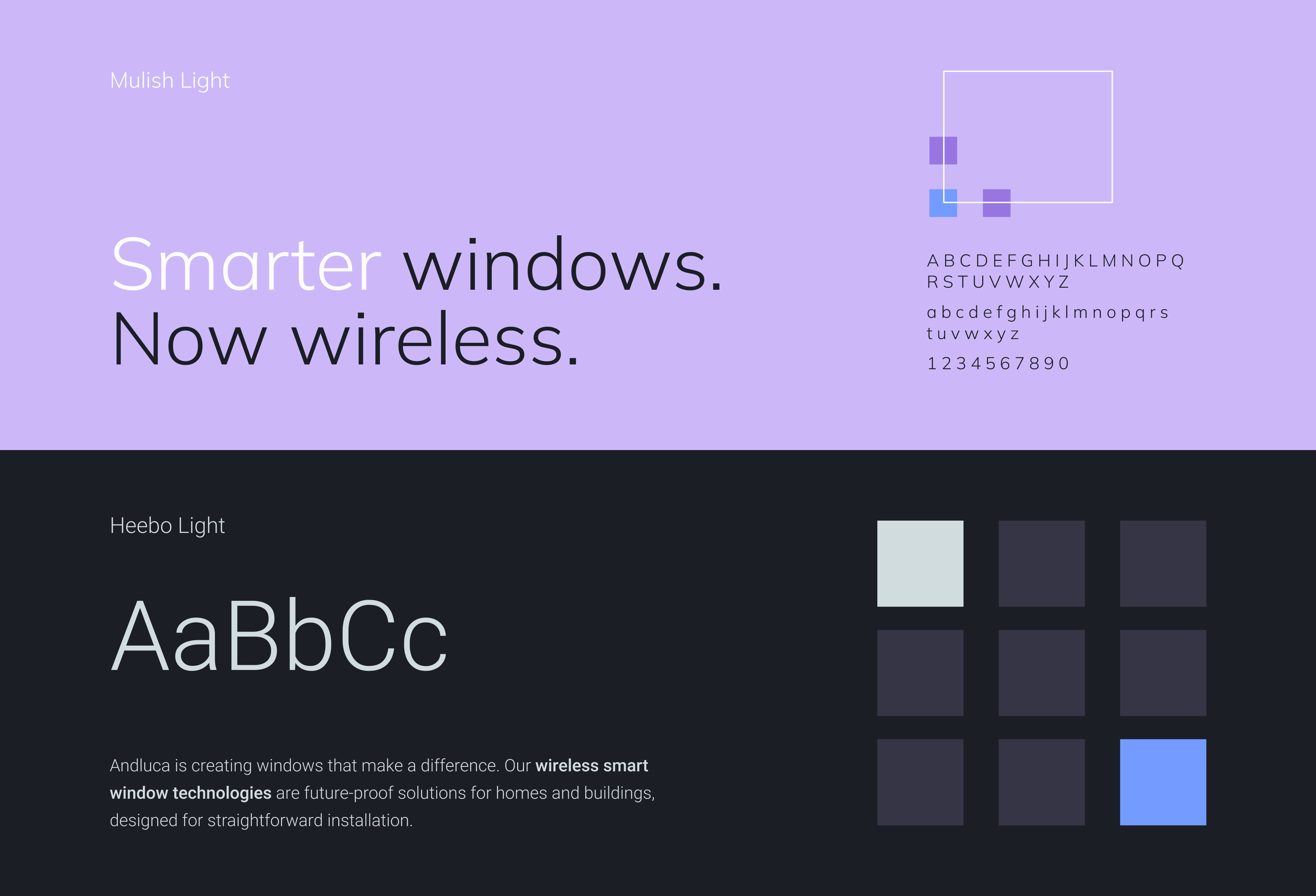 Visual showing the fonts used for Andluca, Mulish Light and Heebo Light.