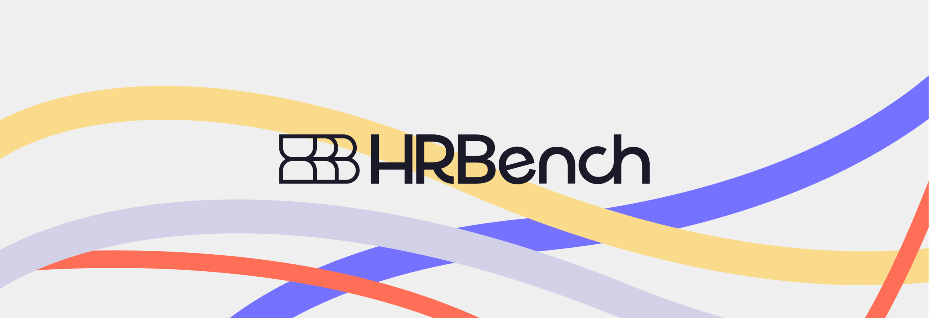 Visual in the branding of HRBench. The black logotype in the middle, with yellow, blue, greyish and red lines in the background.