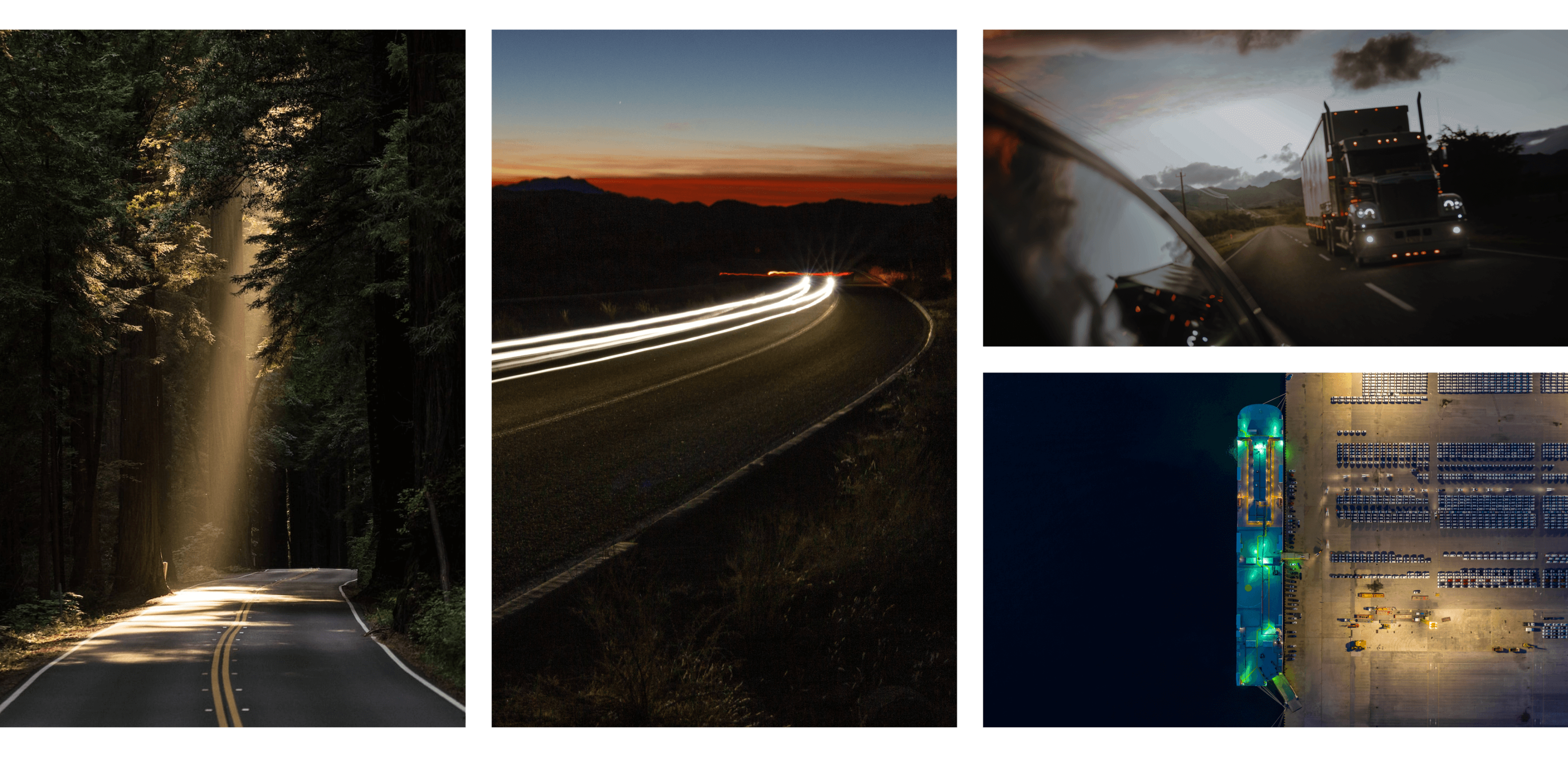 Four pictures in the imagery style of Paxafe: a glade, a motorway, trucks on the highway, and a container ship heaven.