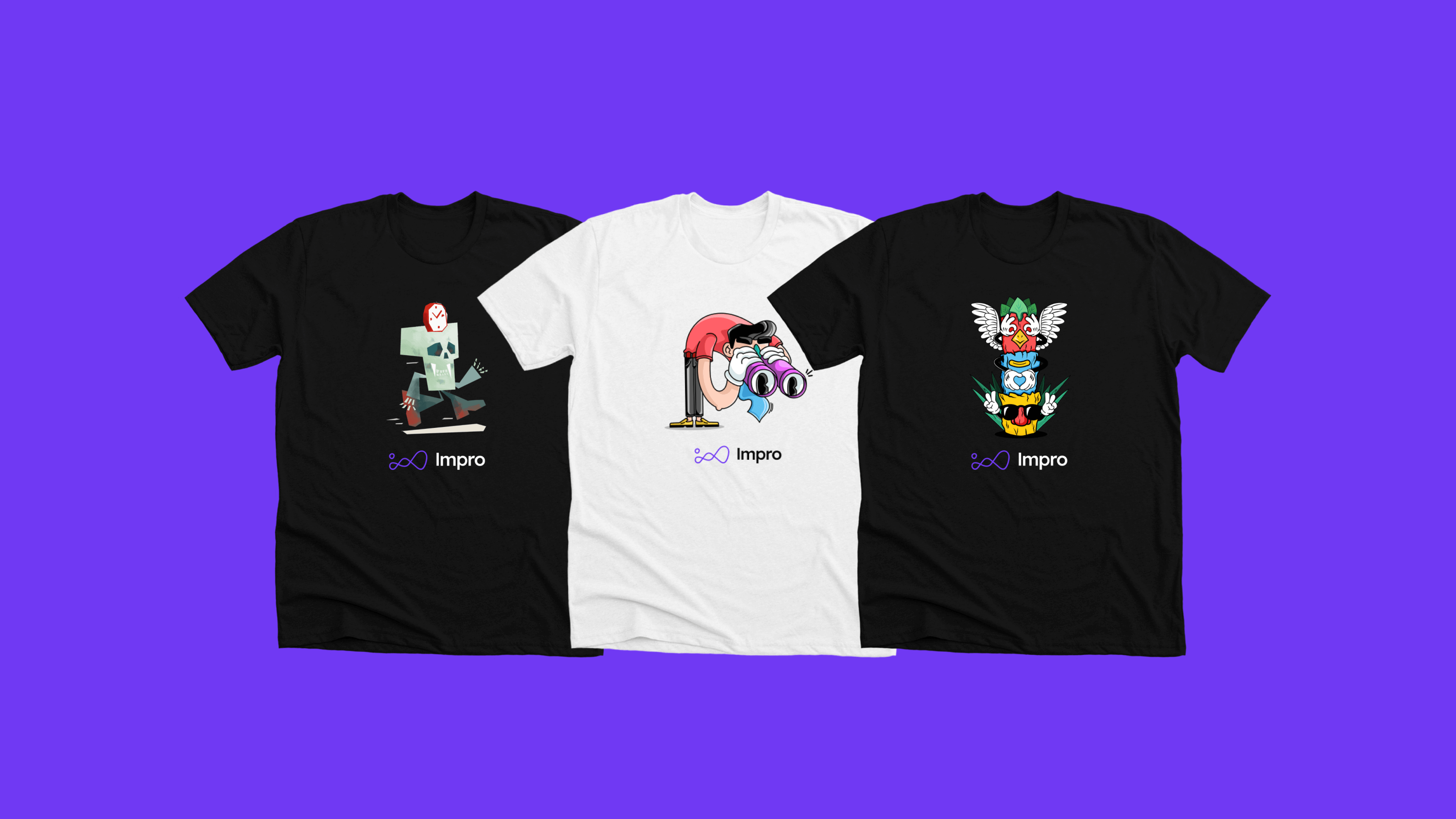 Three T-Shirts with branded illustrations in the Impro style.