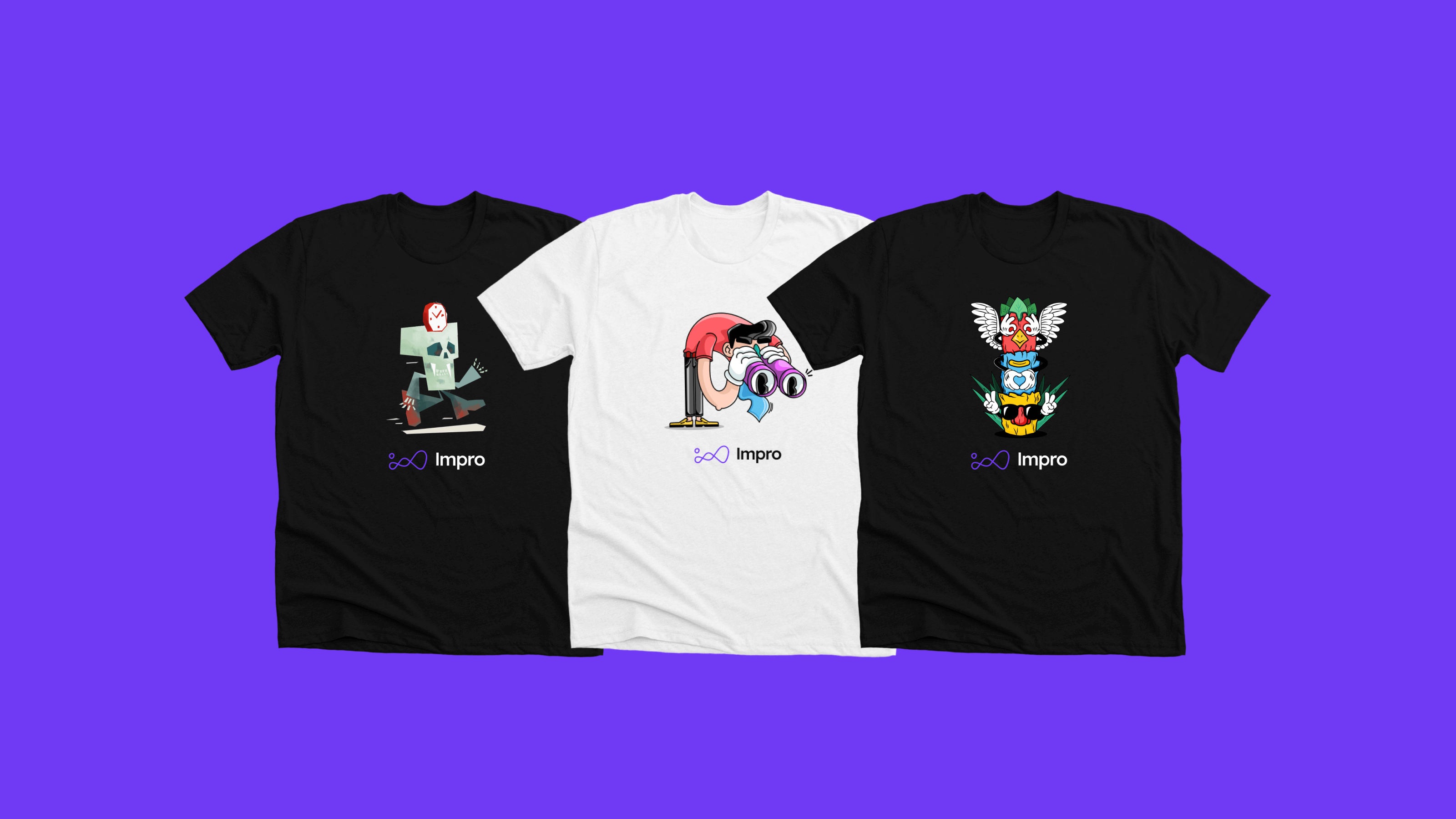 Three T-Shirts with branded illustrations in the Impro style.