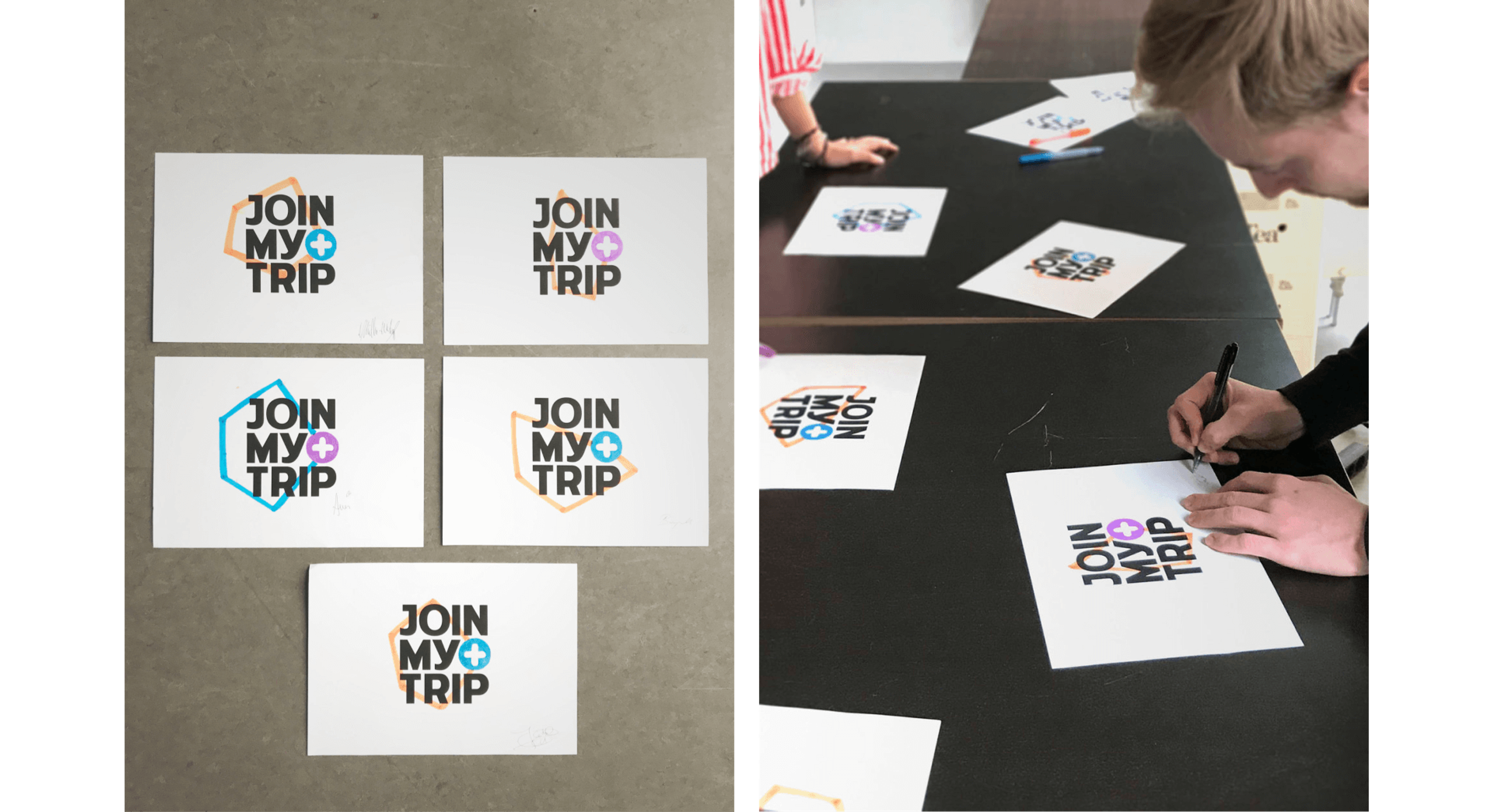 Logo of Join My Trips on different white cards. On the right you can see a person doing a personalized version of the logo.