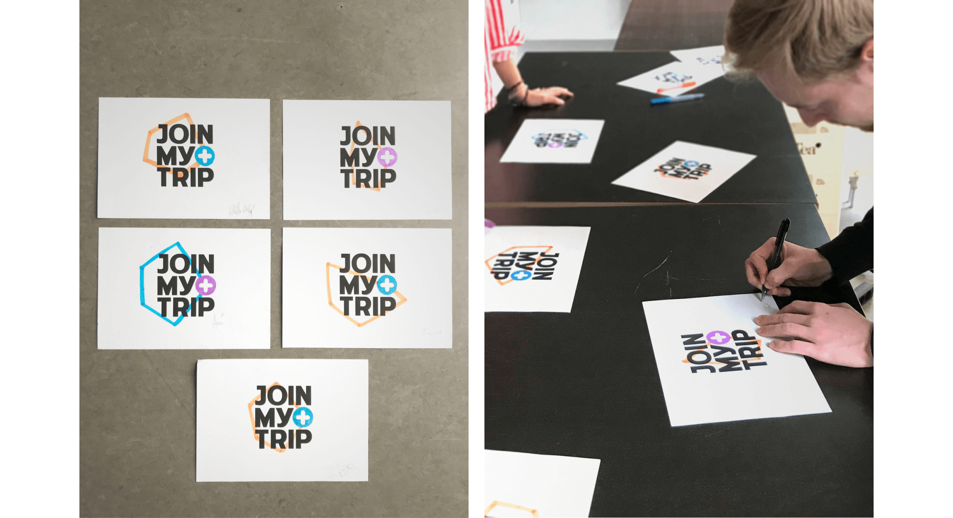 Logo of Join My Trips on different white cards. On the right you can see a person doing a personalized version of the logo.