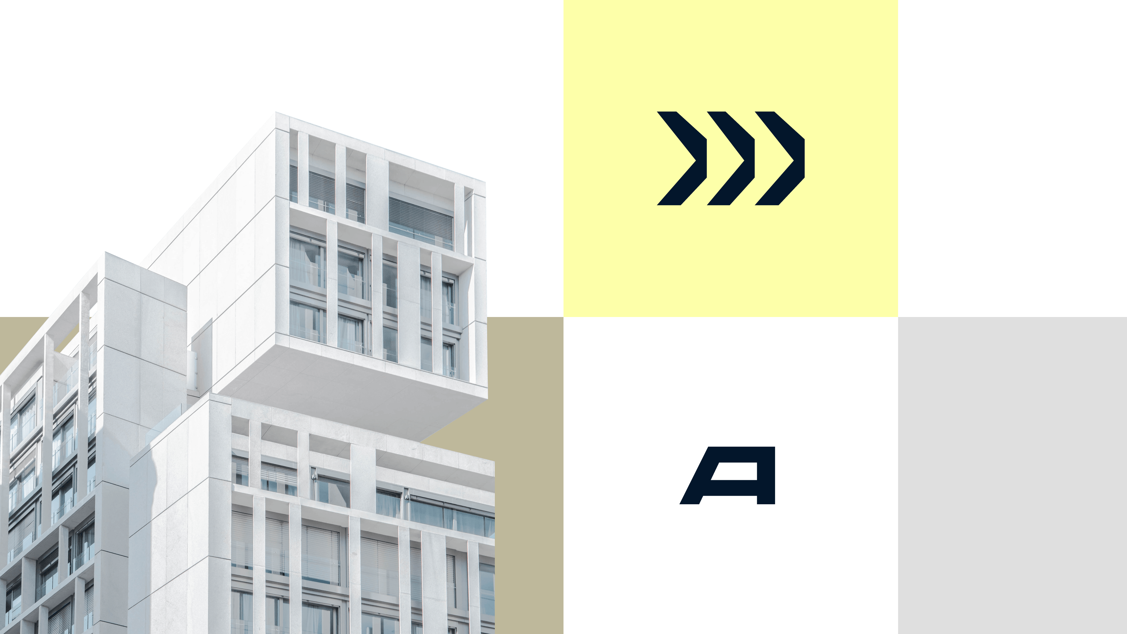 Visual showing the imagery style of Augmenta. Illustration of a modern building on the left with brand elements like the typeface on the right