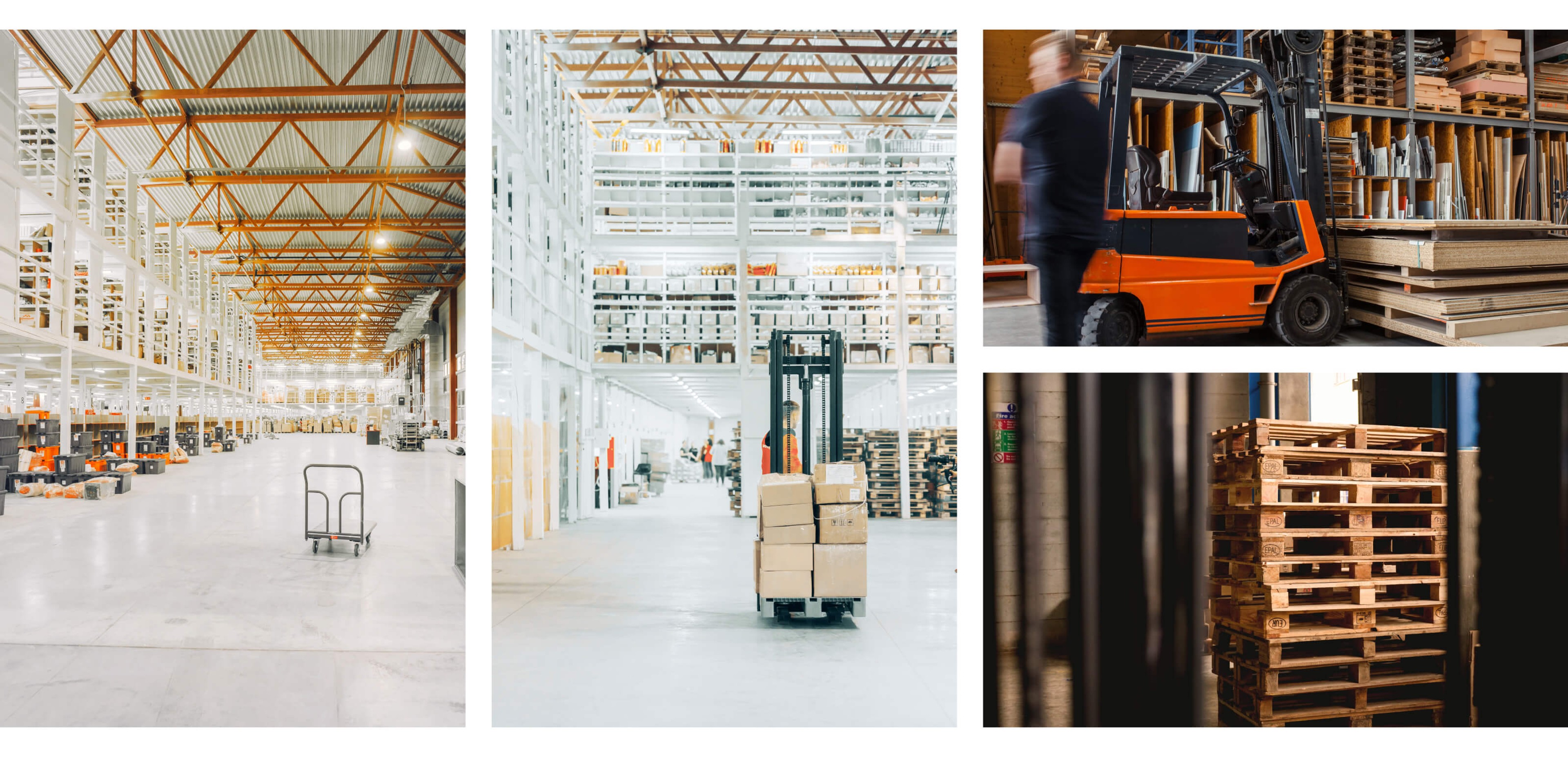 Four images showing warehouses and forklifts.