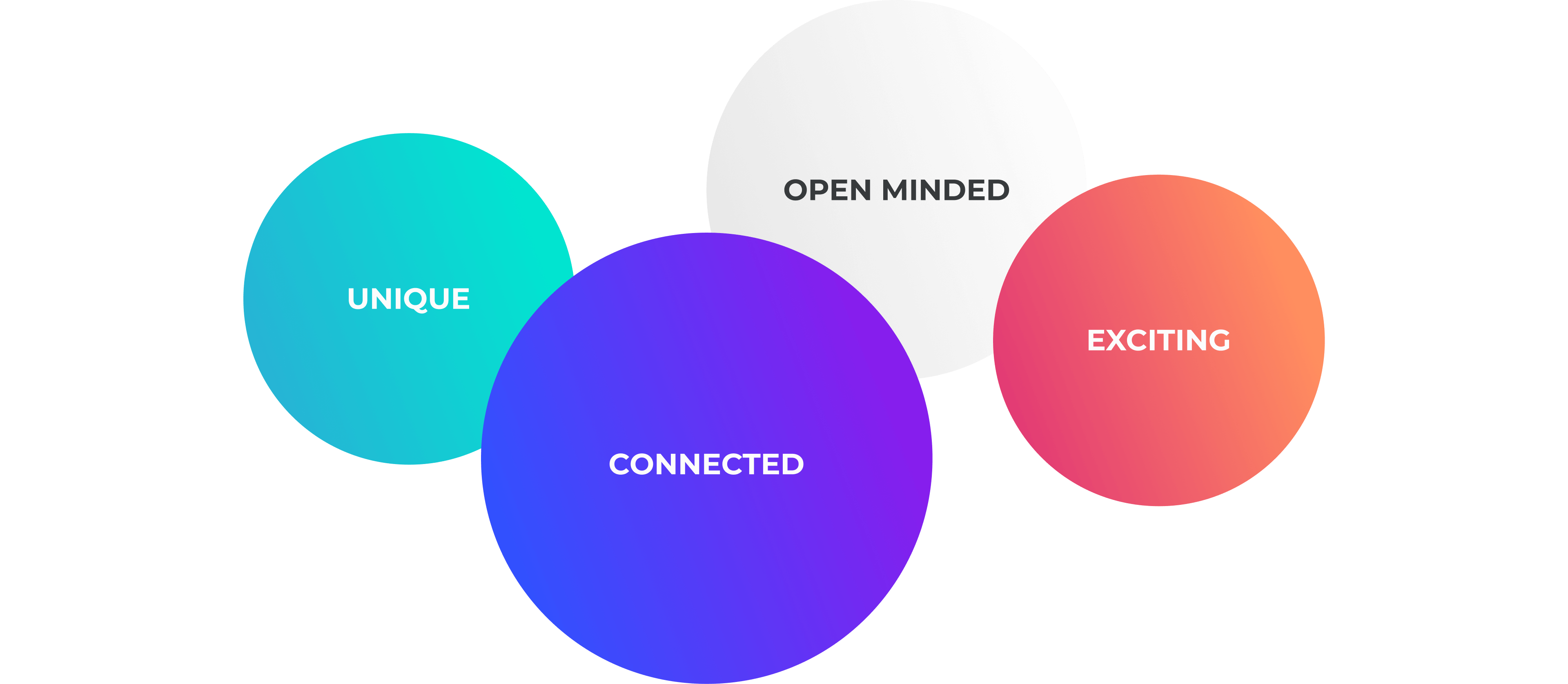 Visual with color circles with the colors of Join My Trip with texts:  A lightblue circle saying unique, a white one saying open-minded, a red one saying exciting, a purple one saying connected.