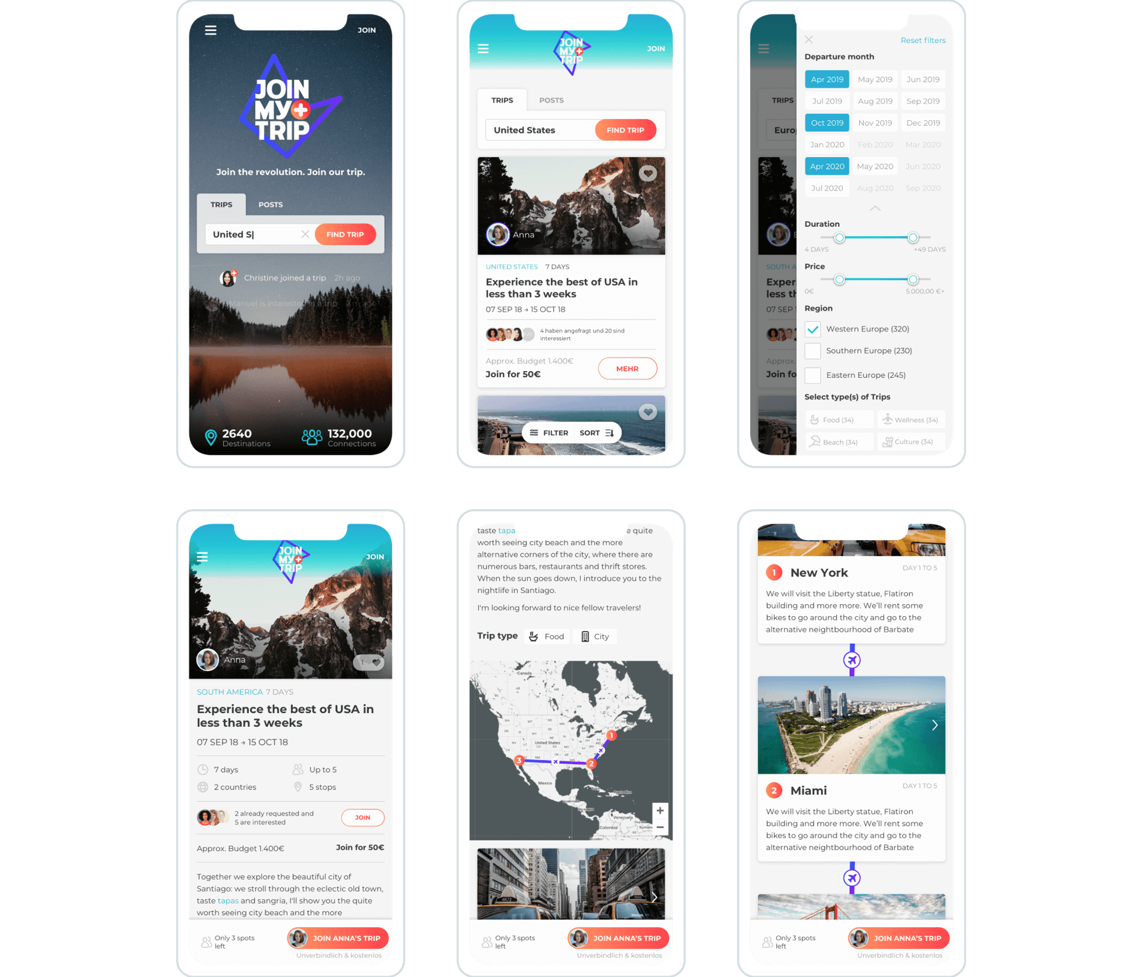 UX/UI screens for the traveltech startup Joinmytrip