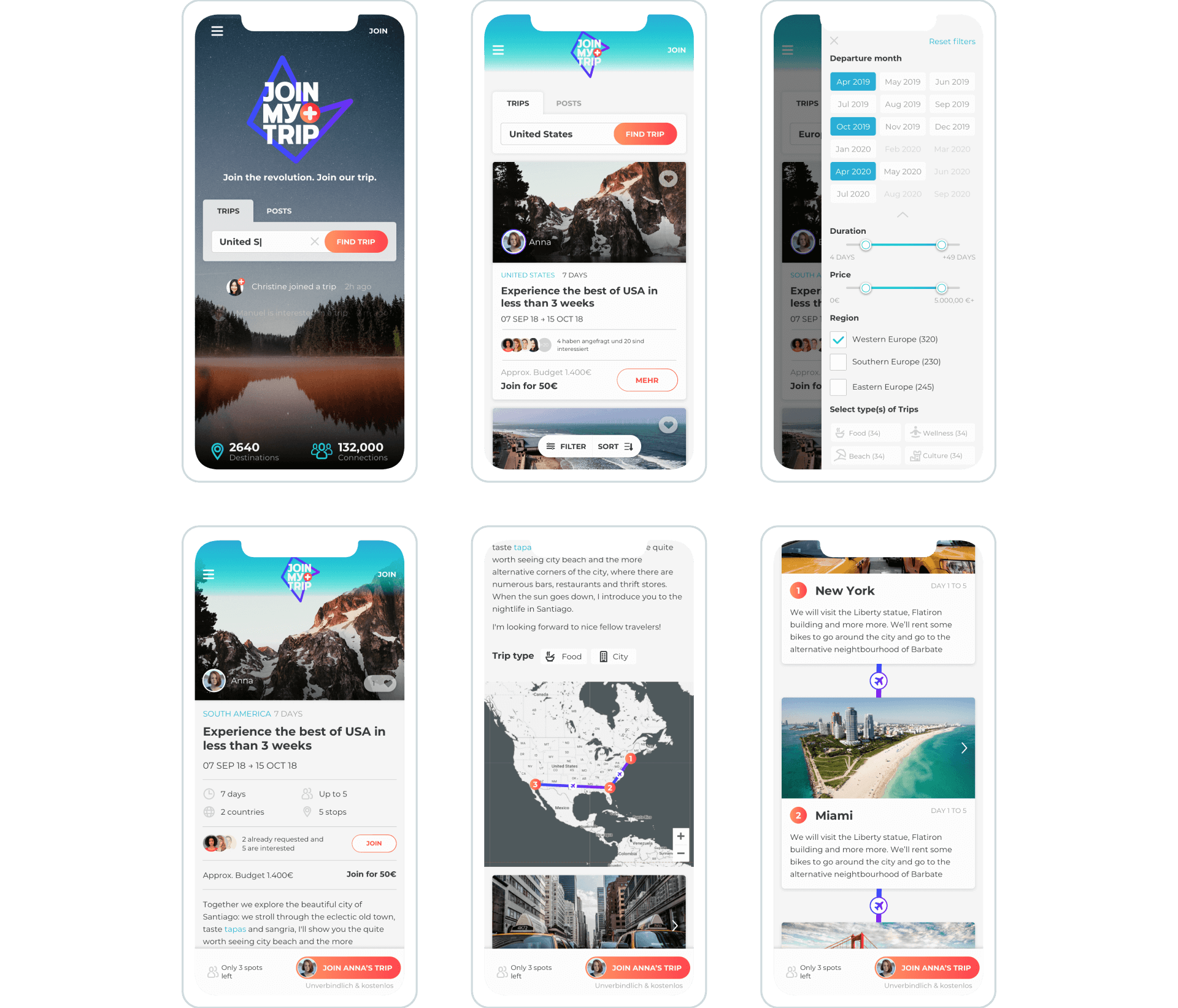 UX/UI screens for the traveltech startup Joinmytrip