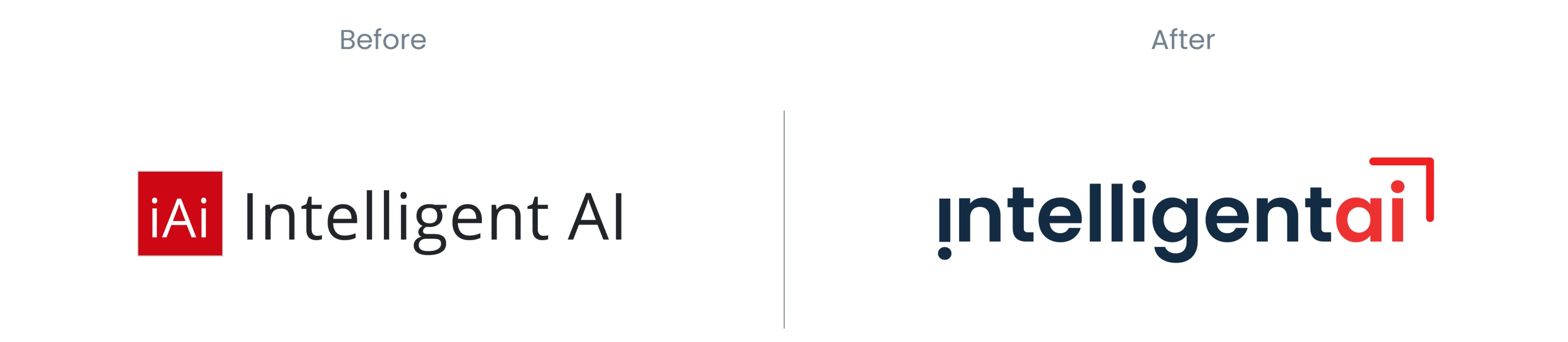 Comparison of the old and the new logo of intelligentAI. The old one had a isotype saying "iAi" in front, in the new one, the first "i" is upside down and the last "i" is framed from above and the right with a red corner.