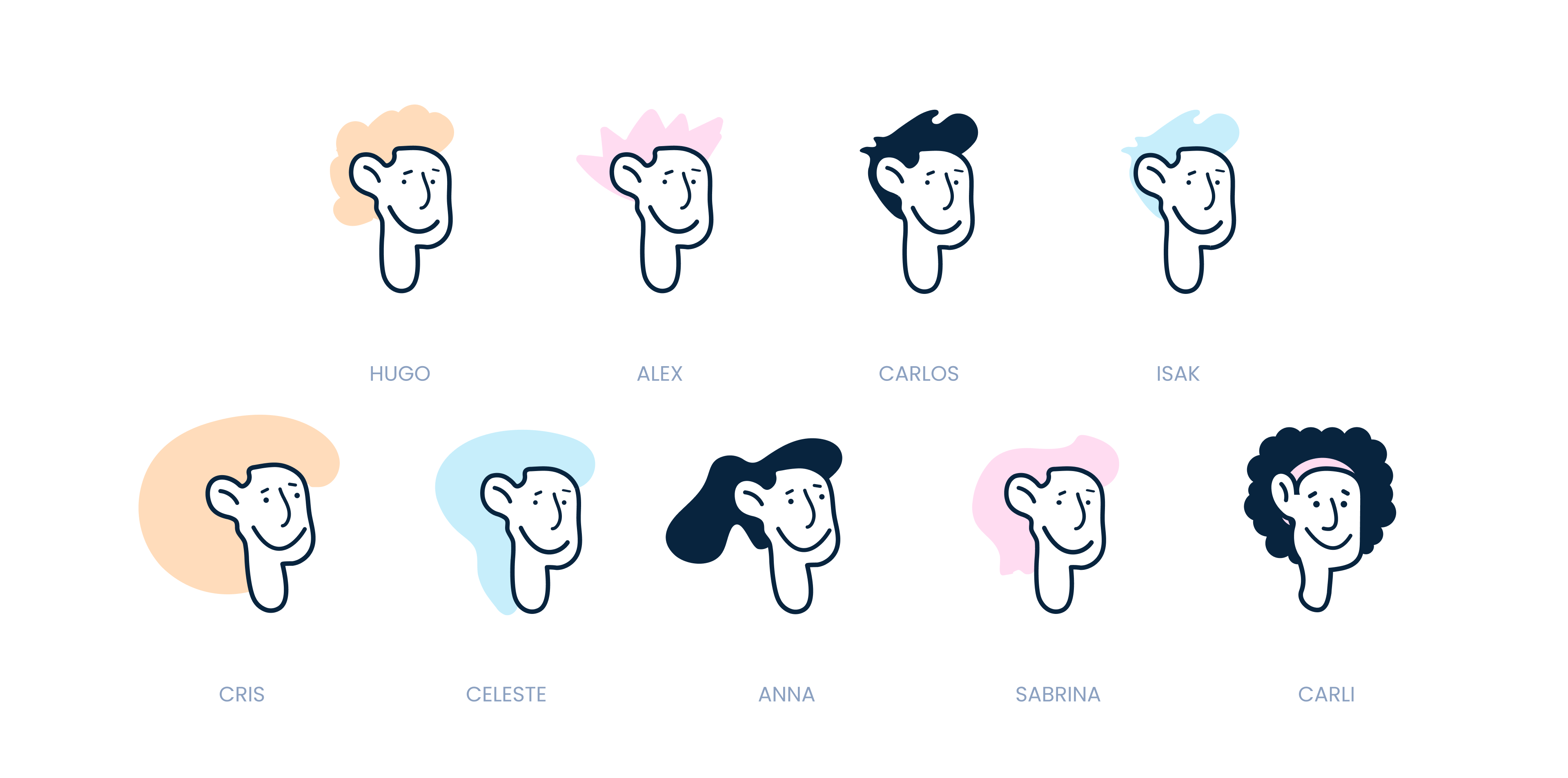 Visual with the characters for Impro: people represented by faces with different haircuts and colors.