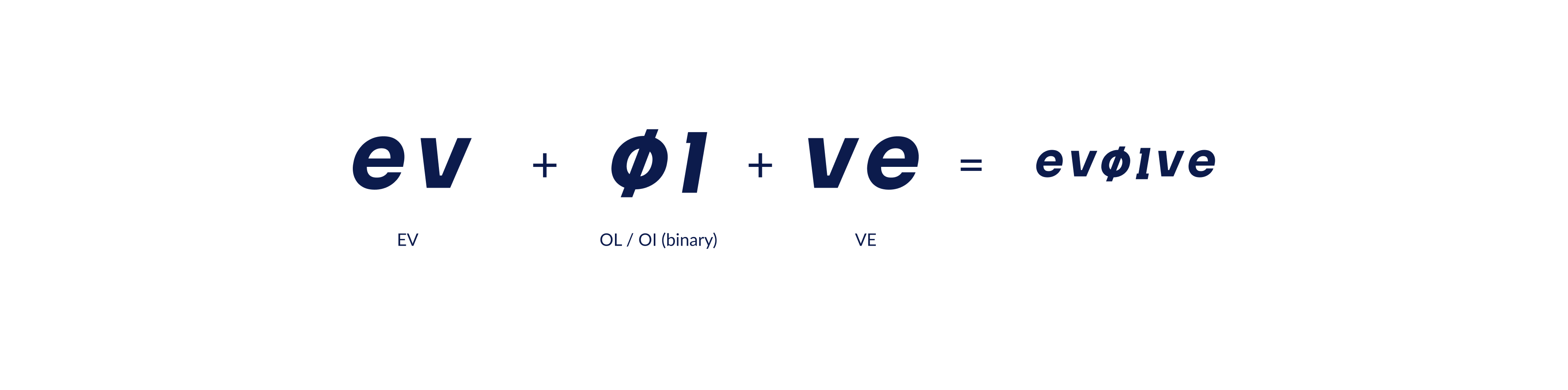 Visual showing the evolve logo composition. Letters E and V plus the zero-one for computing plus V and E. This results in the name evolve, where the O is a zero and the L is a one.
