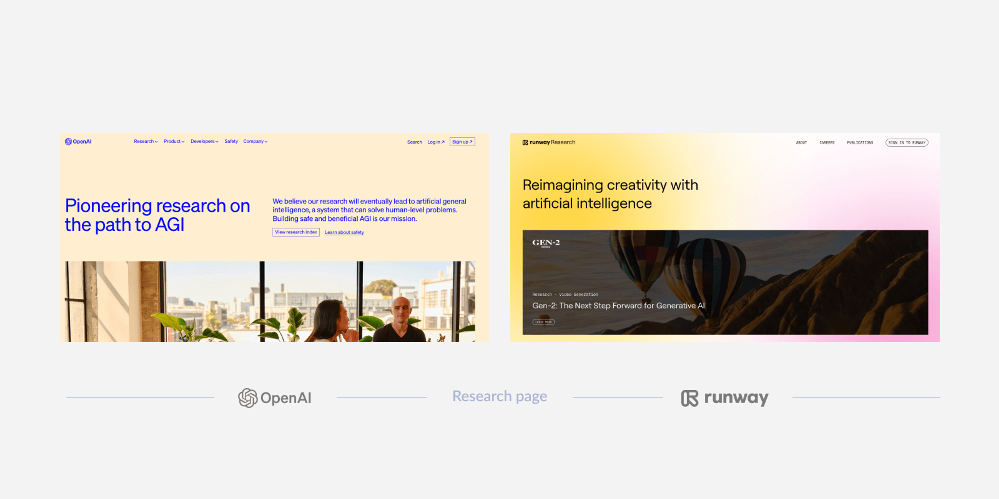 Visual with the research page of OpenAI on the left and Runway on the right.