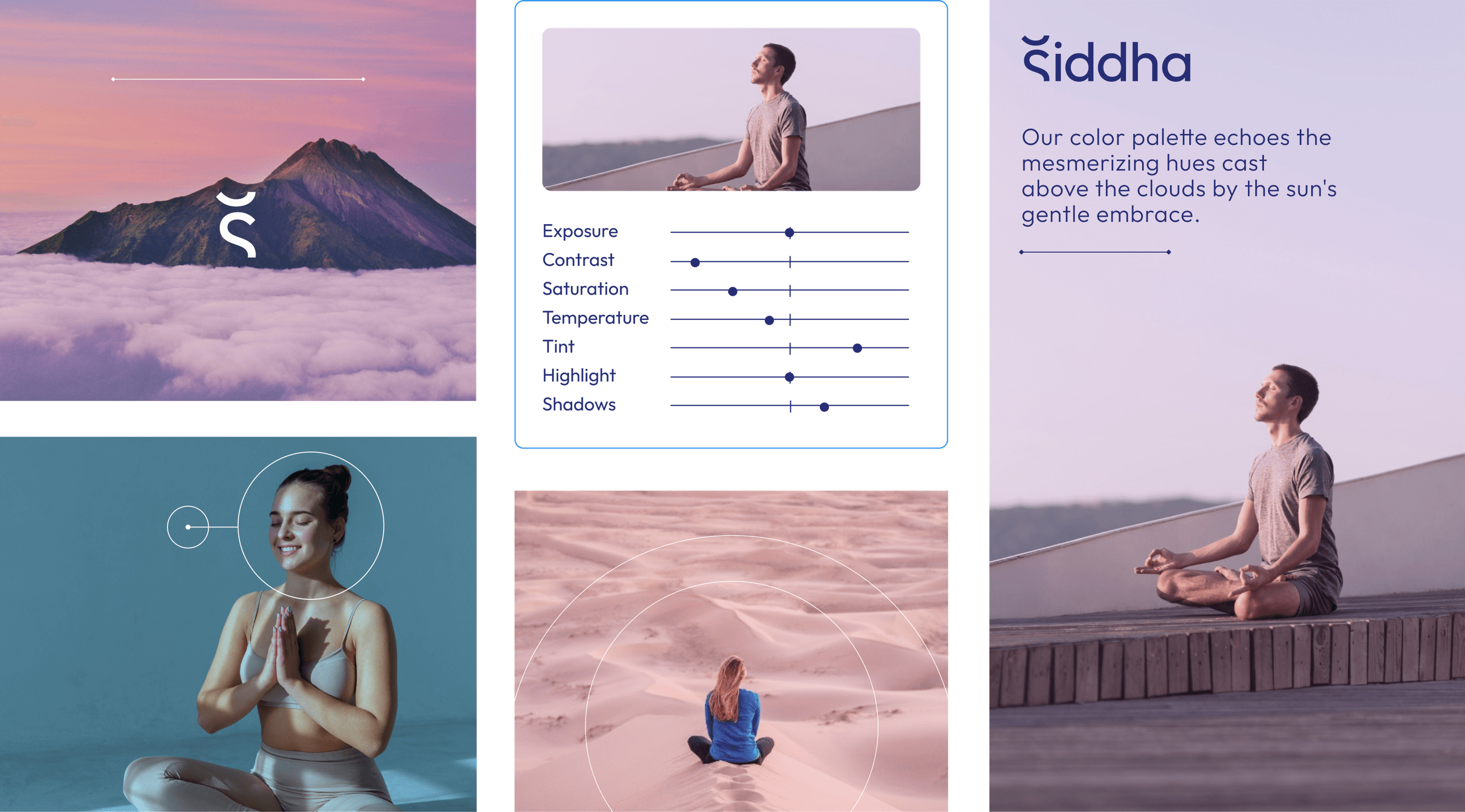 Brand imagery style: tranquility and calmness, people meditating