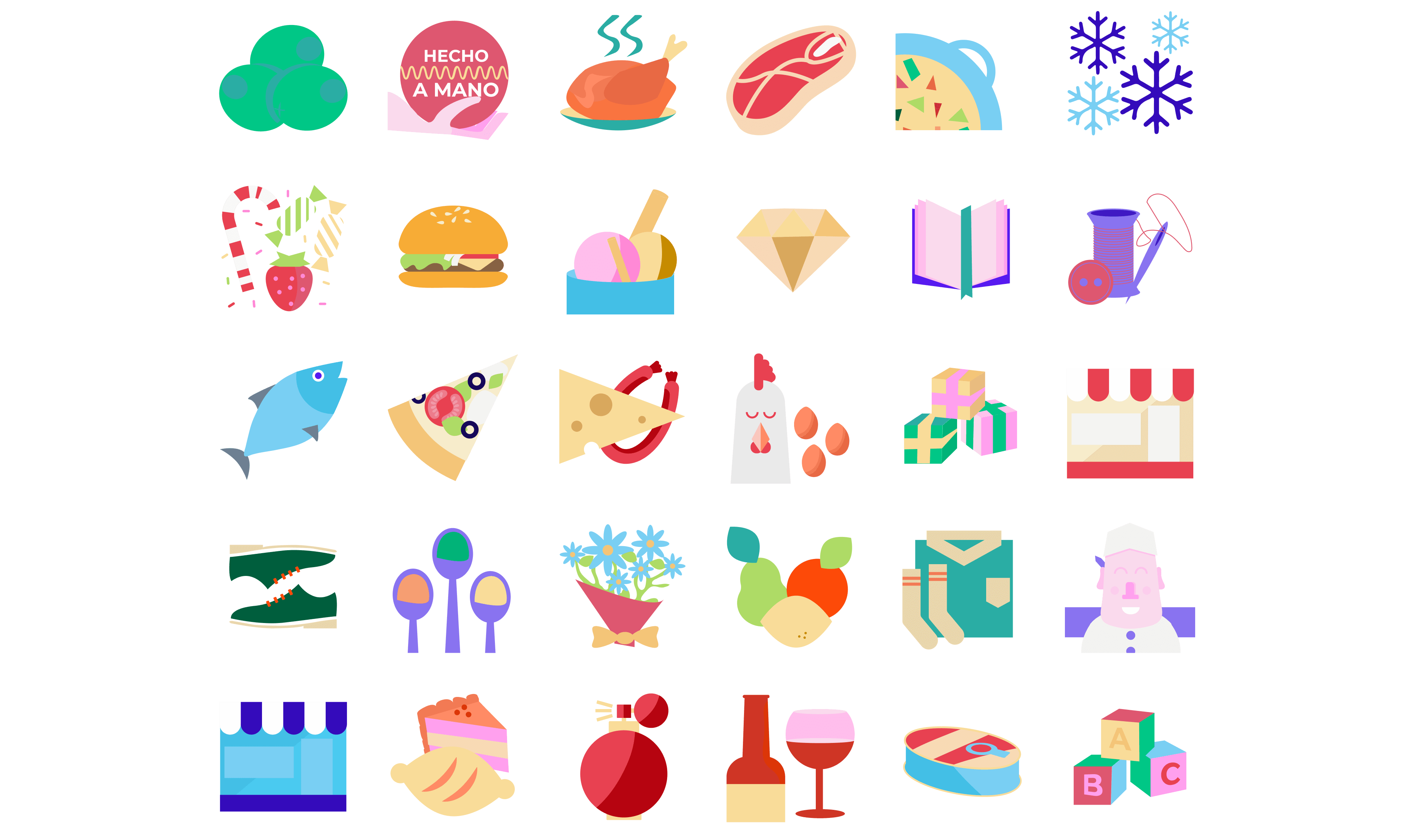 Custom-made ilustrative icons for Muylocal. They represent mainly food and beverages