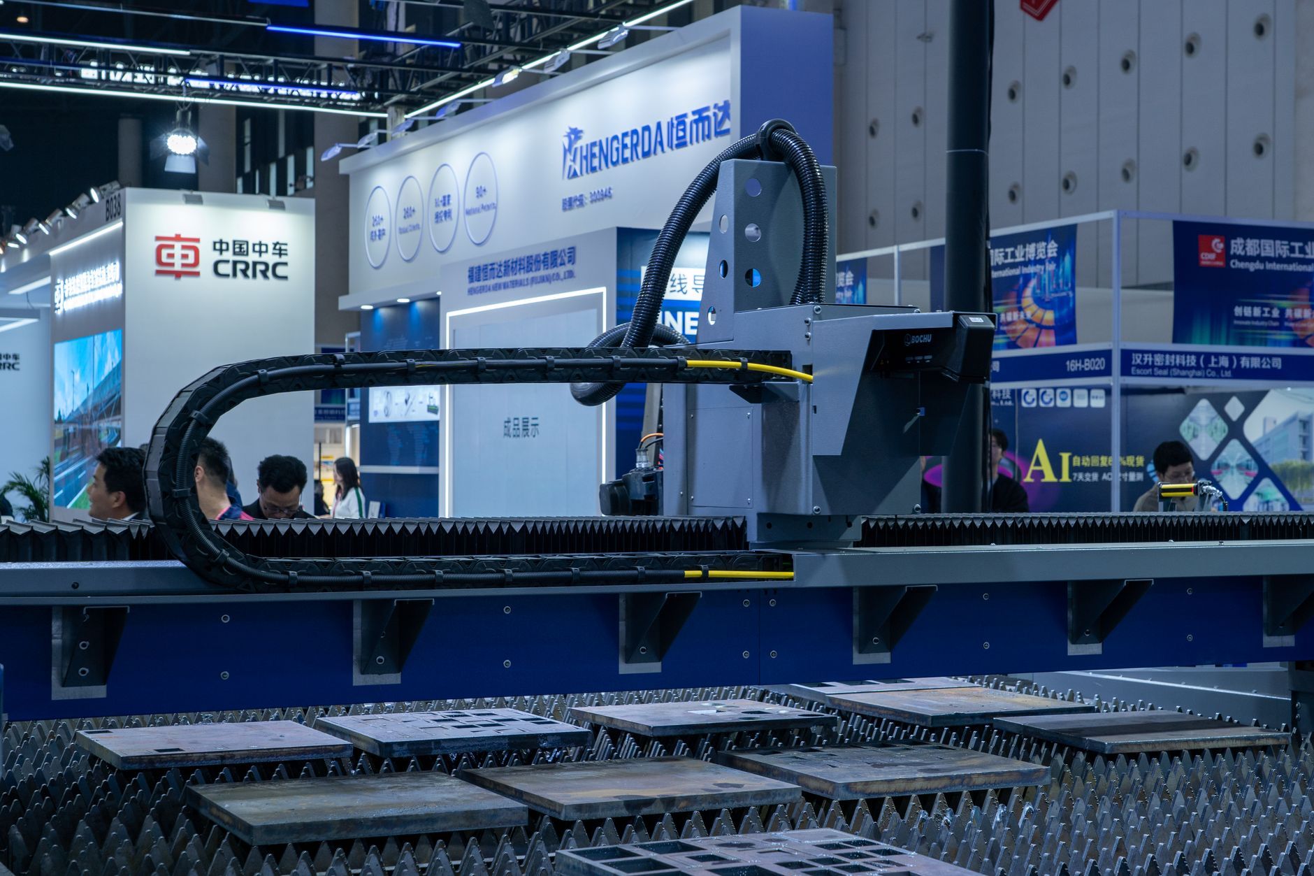Industrial machinery on display at a trade fair stand, representing the trade-show week when a B2B distributor's WordPress lead-generation site went down