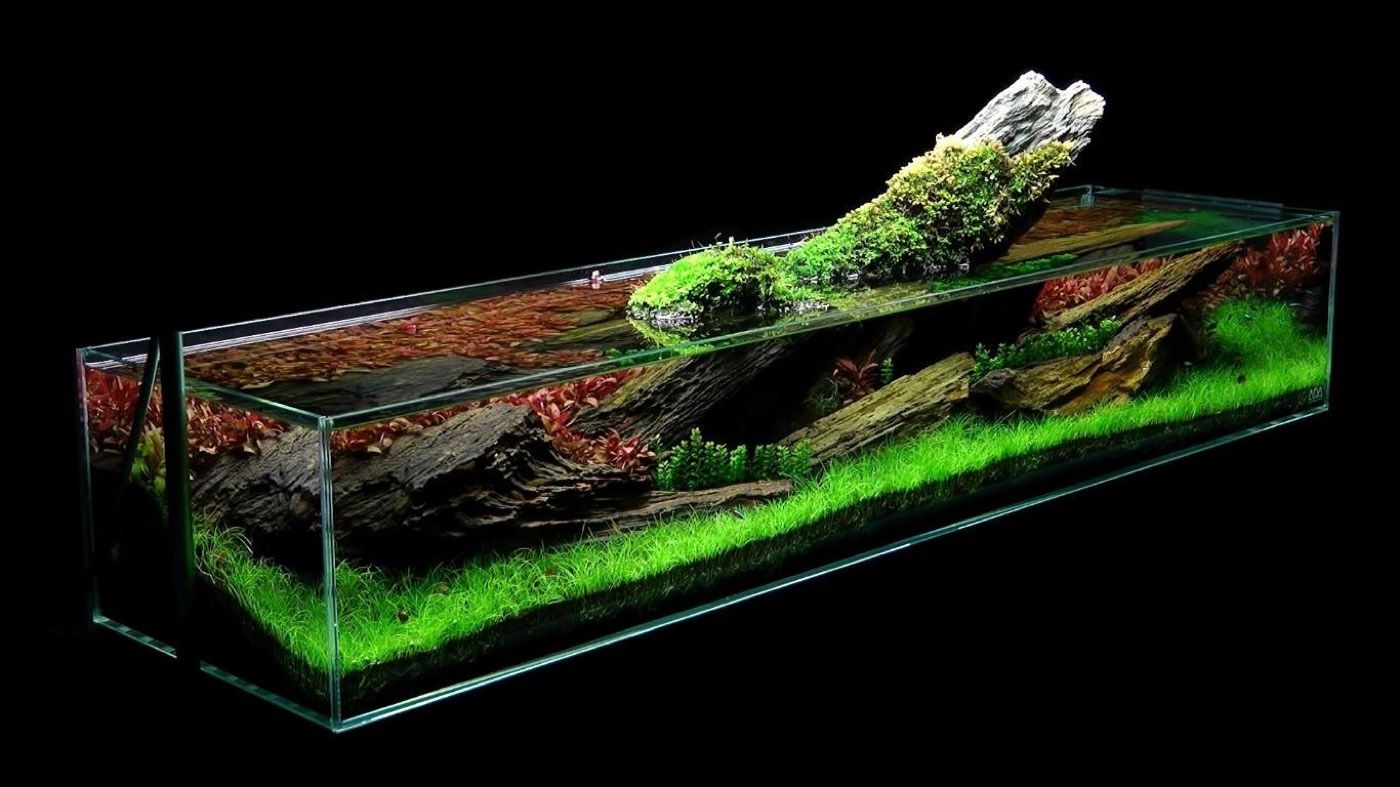 Shallow rimless aquascape photographed on a black studio background