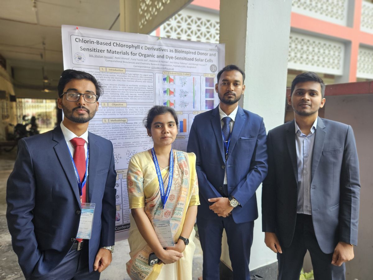 Group photograph in front of the chlorophyll derivative research poster