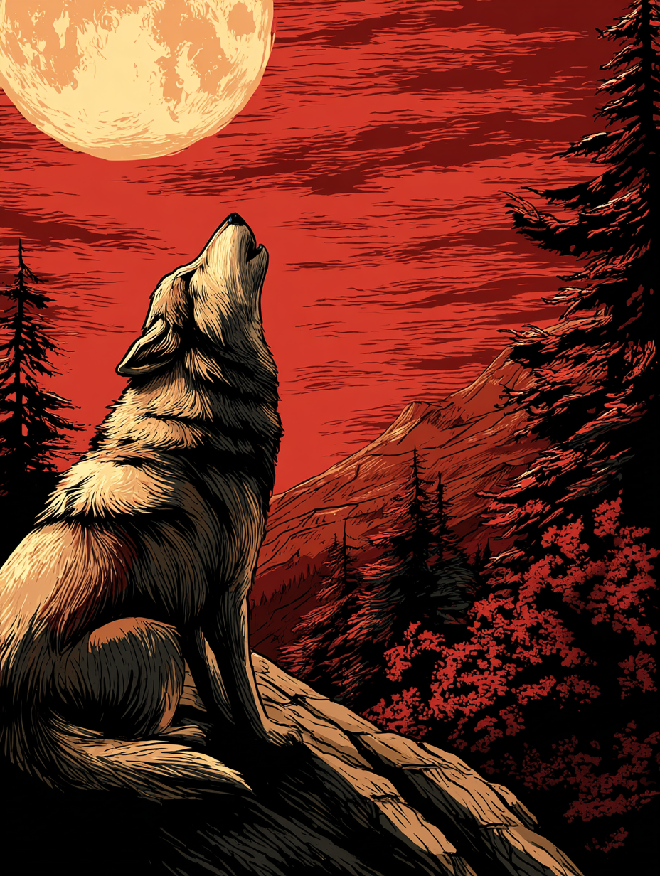Vintage Woodcut Wolf Howling at Moon Illustration