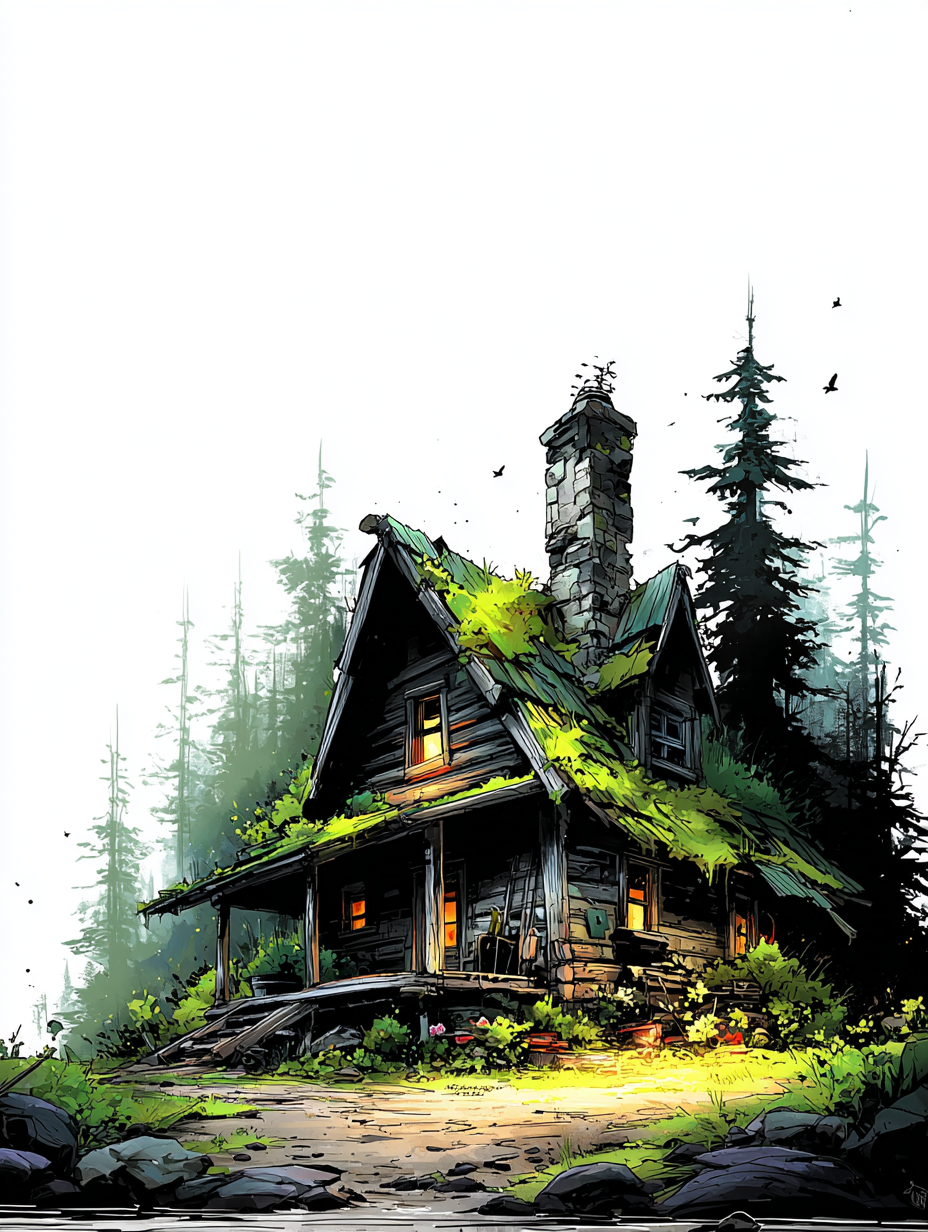Textured Folk Cabin Illustration