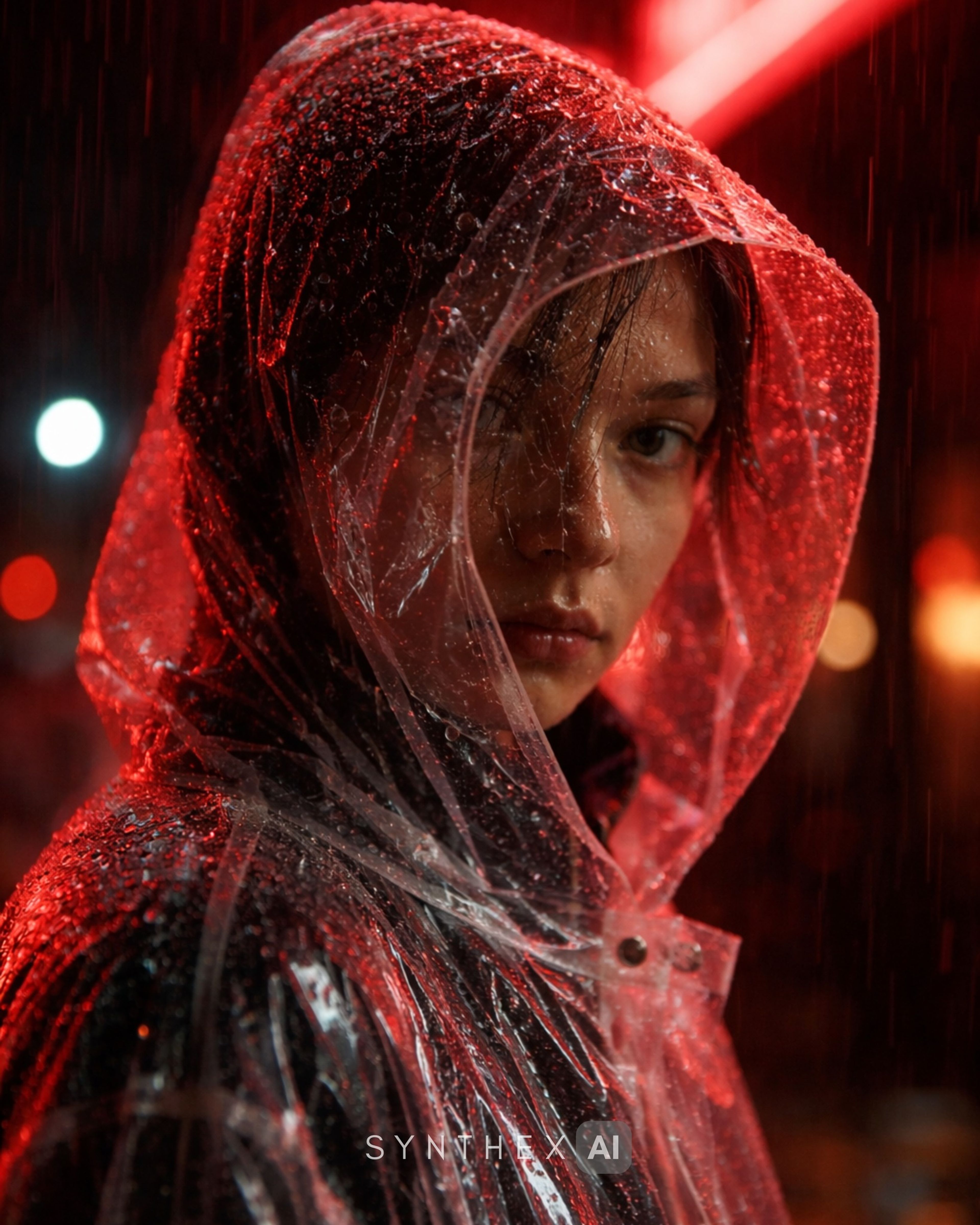Generate Red Neon Raincoat Portraits