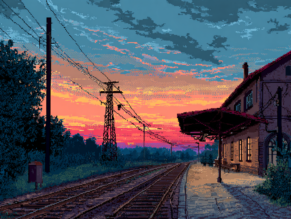 Train Station at Dawn Landscape Scene