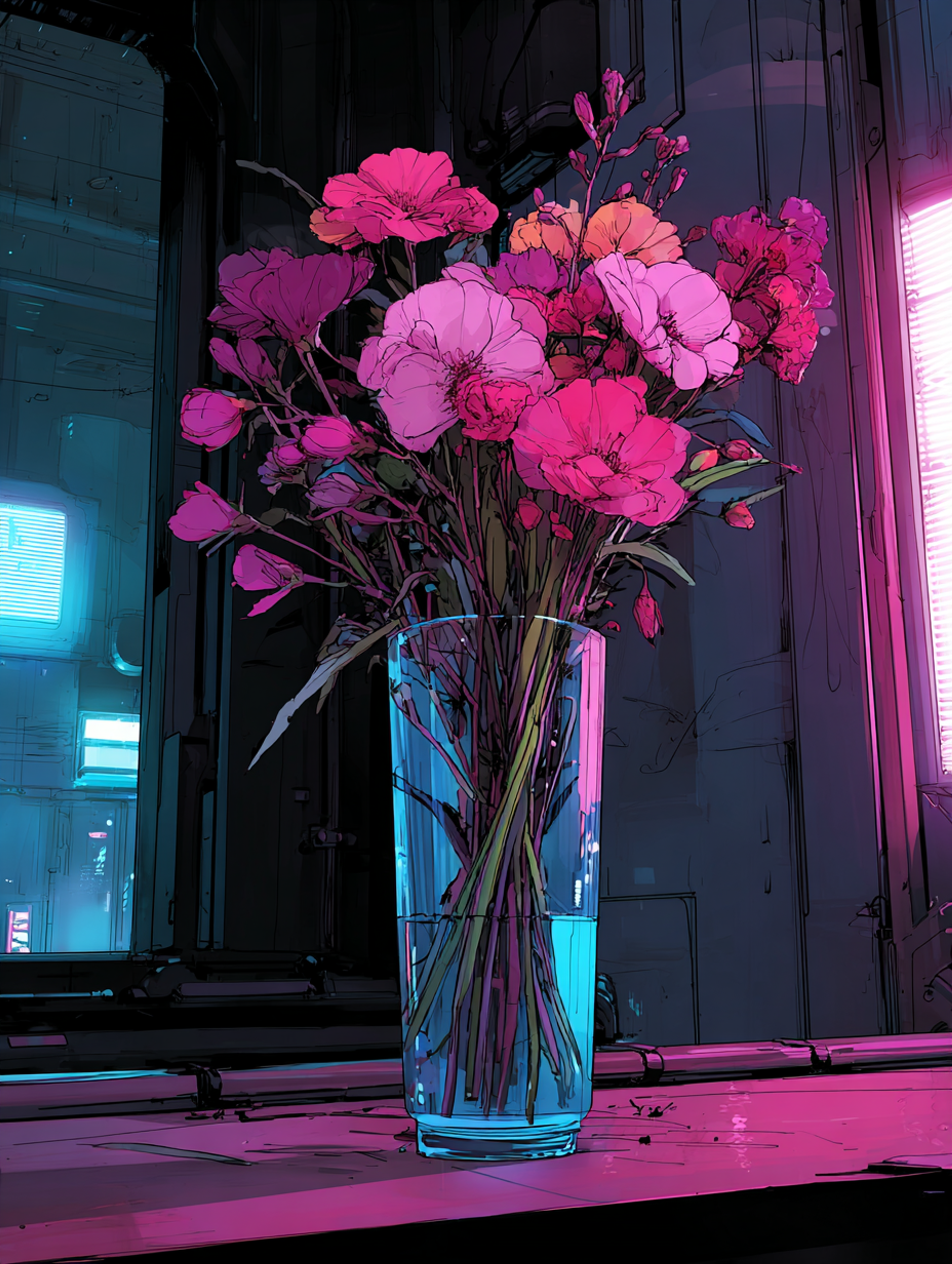 Vibrant Synthwave Flowers in a Vase Scene
