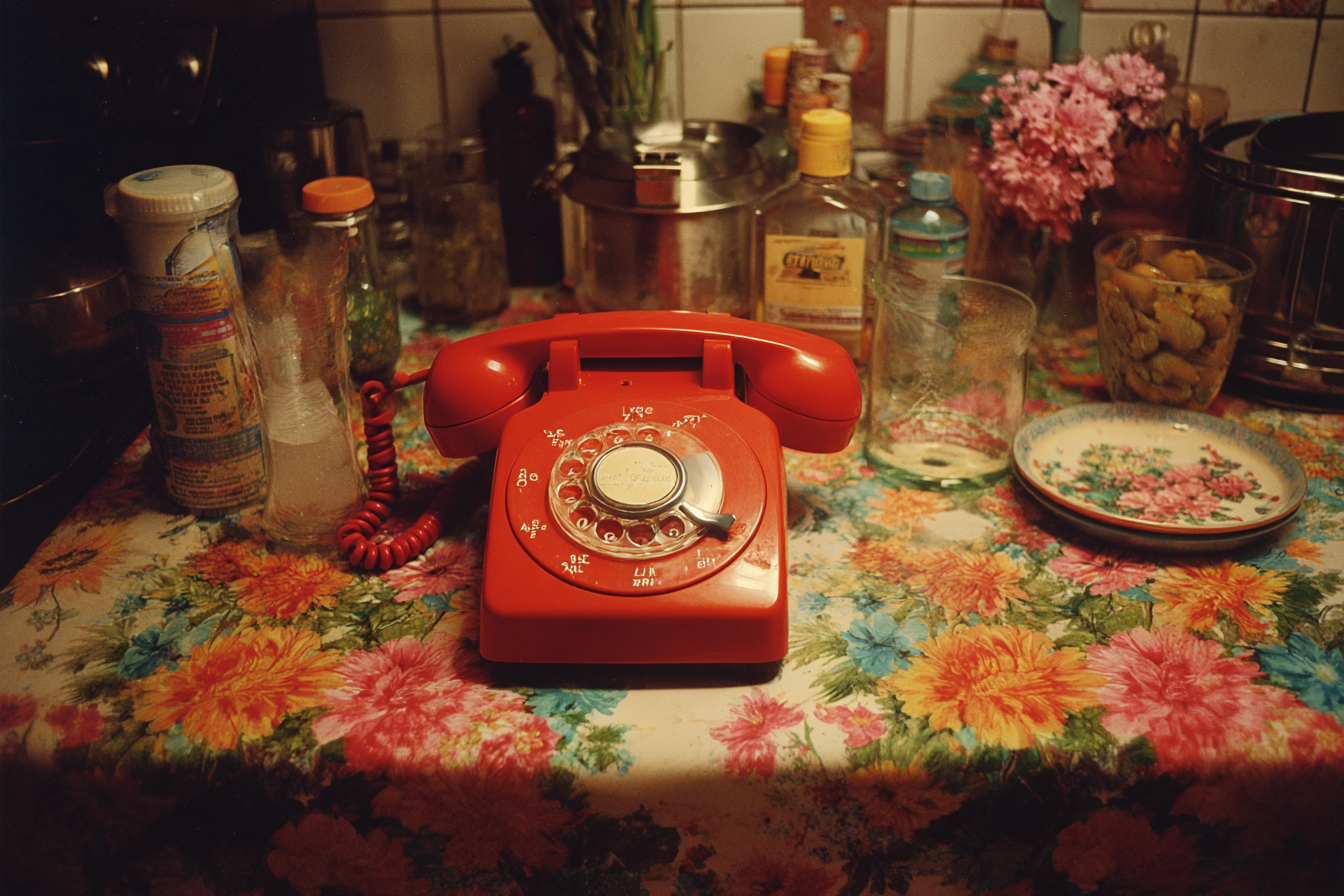 1970s Red Rotary Telephone on Floral-patterned Photograph