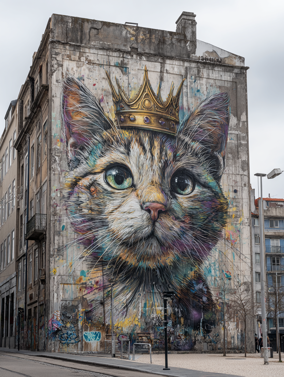 Photorealistic Cat with Crown on Its Graffiti Mural