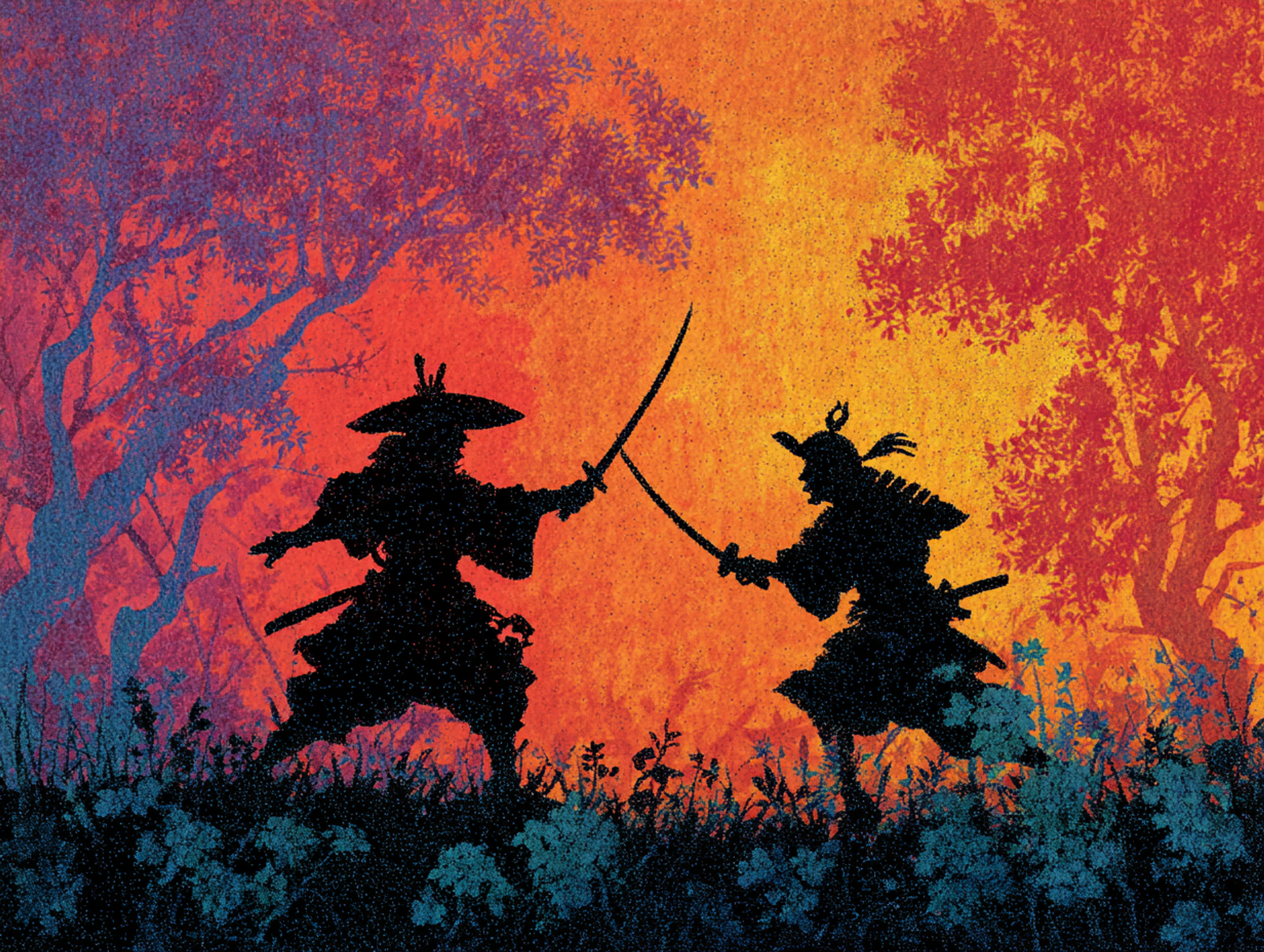 Silhouette Two Samurai Warriors in Sword Illustration