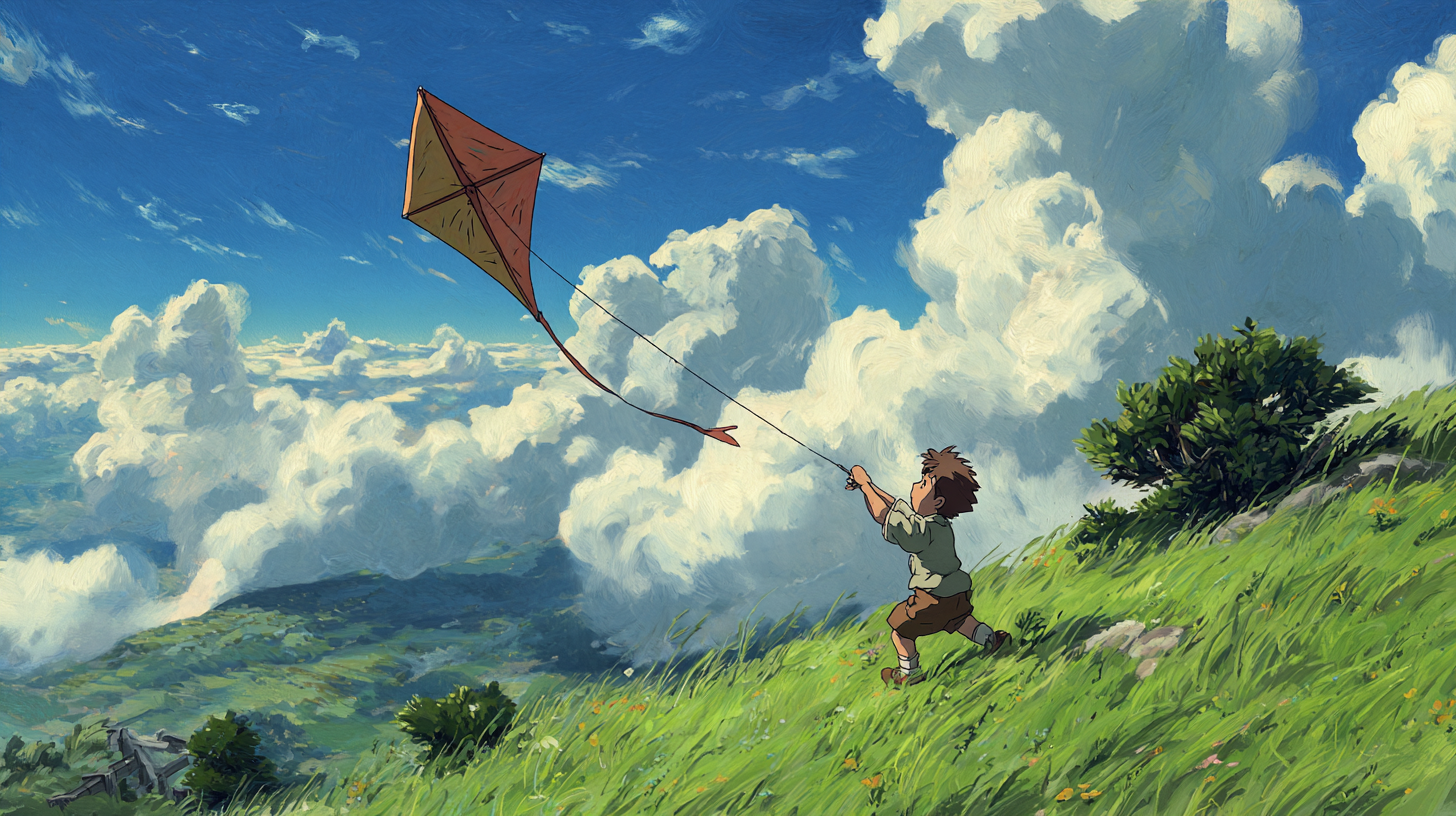 Ghibli Style Kite Launch Anime Scene