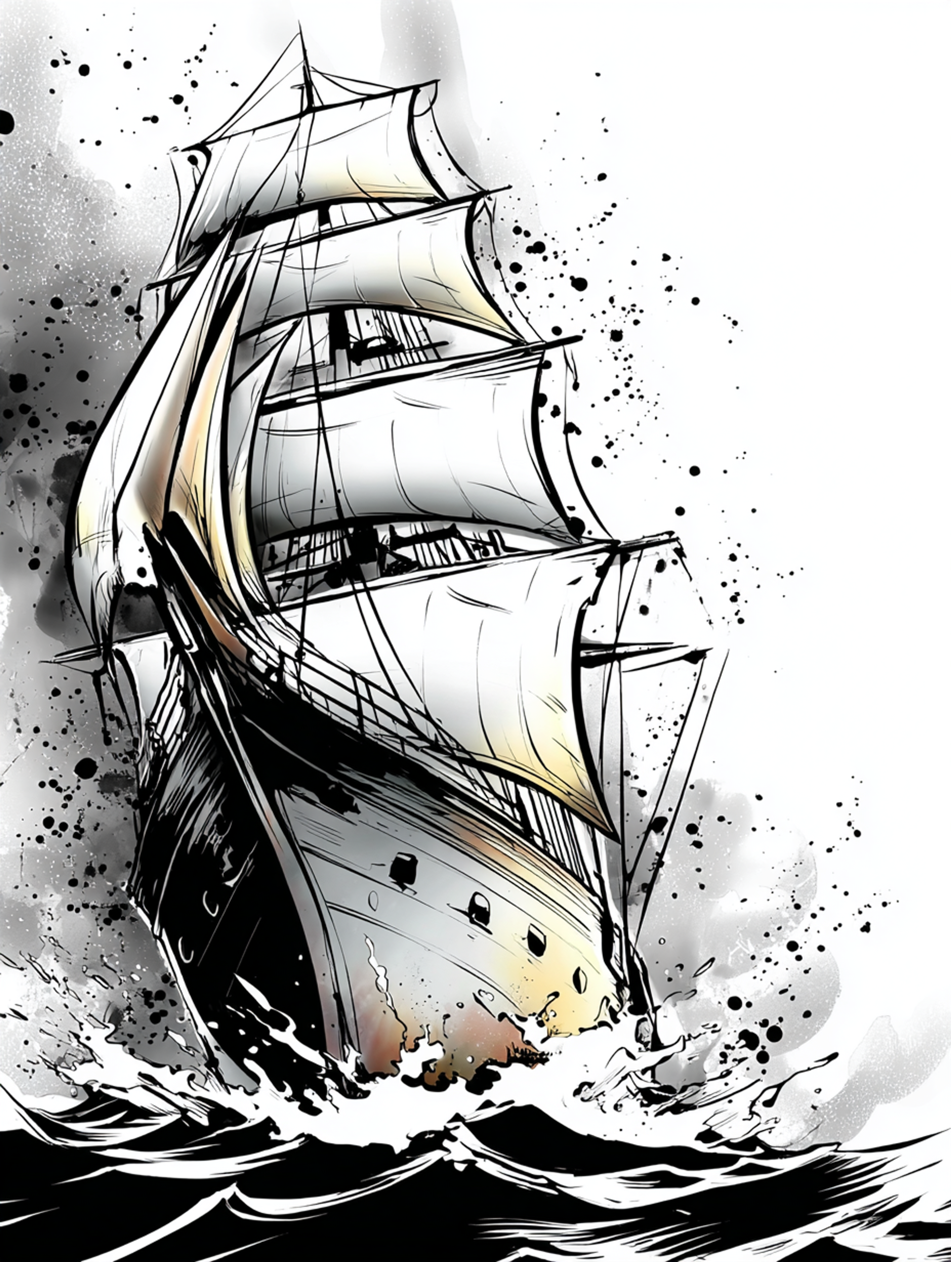 Gritty Black and White Ink Stormy Sea Illustration