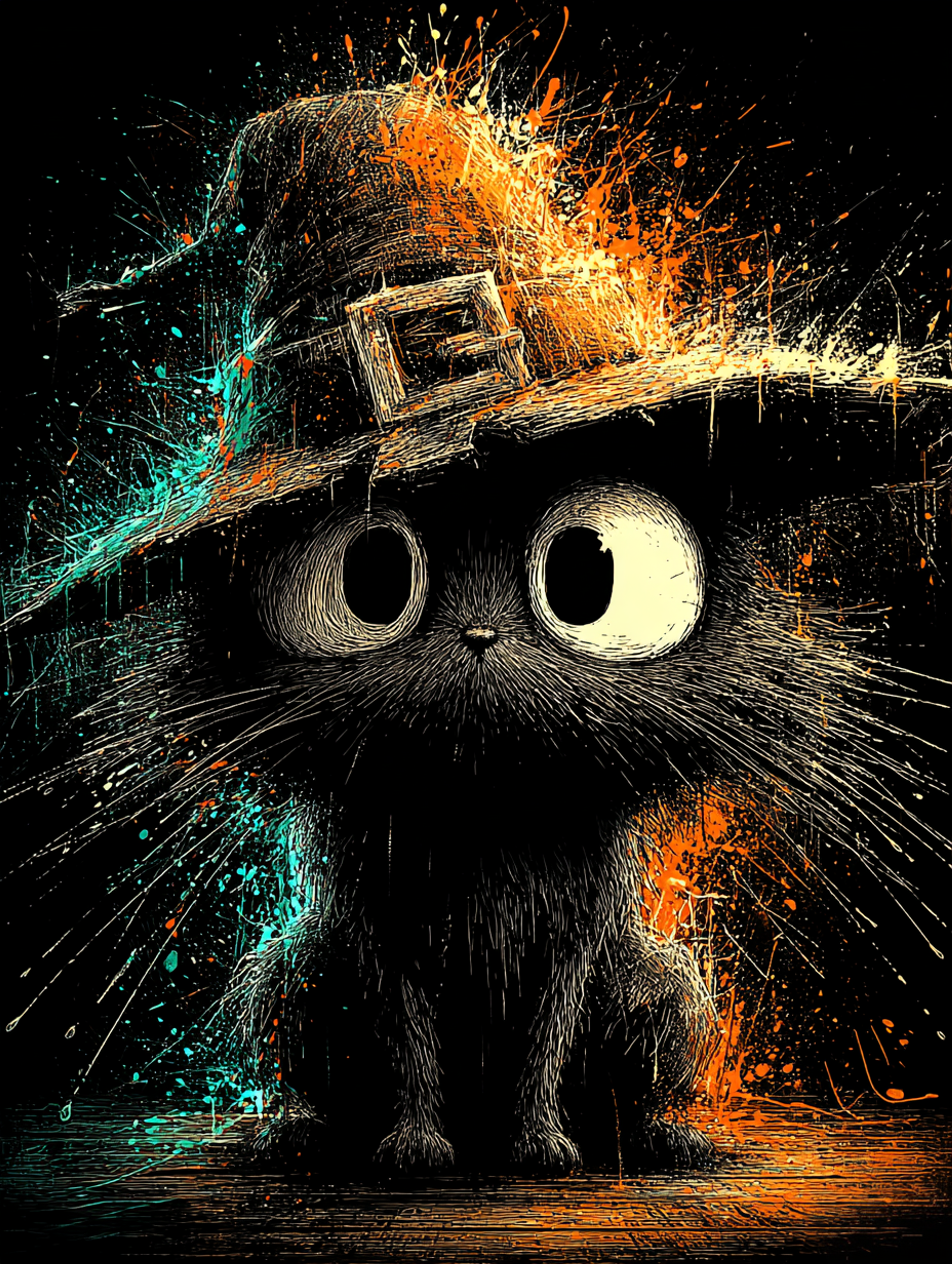 Paint Splatter Witch Hat Gangster Cat Illustration