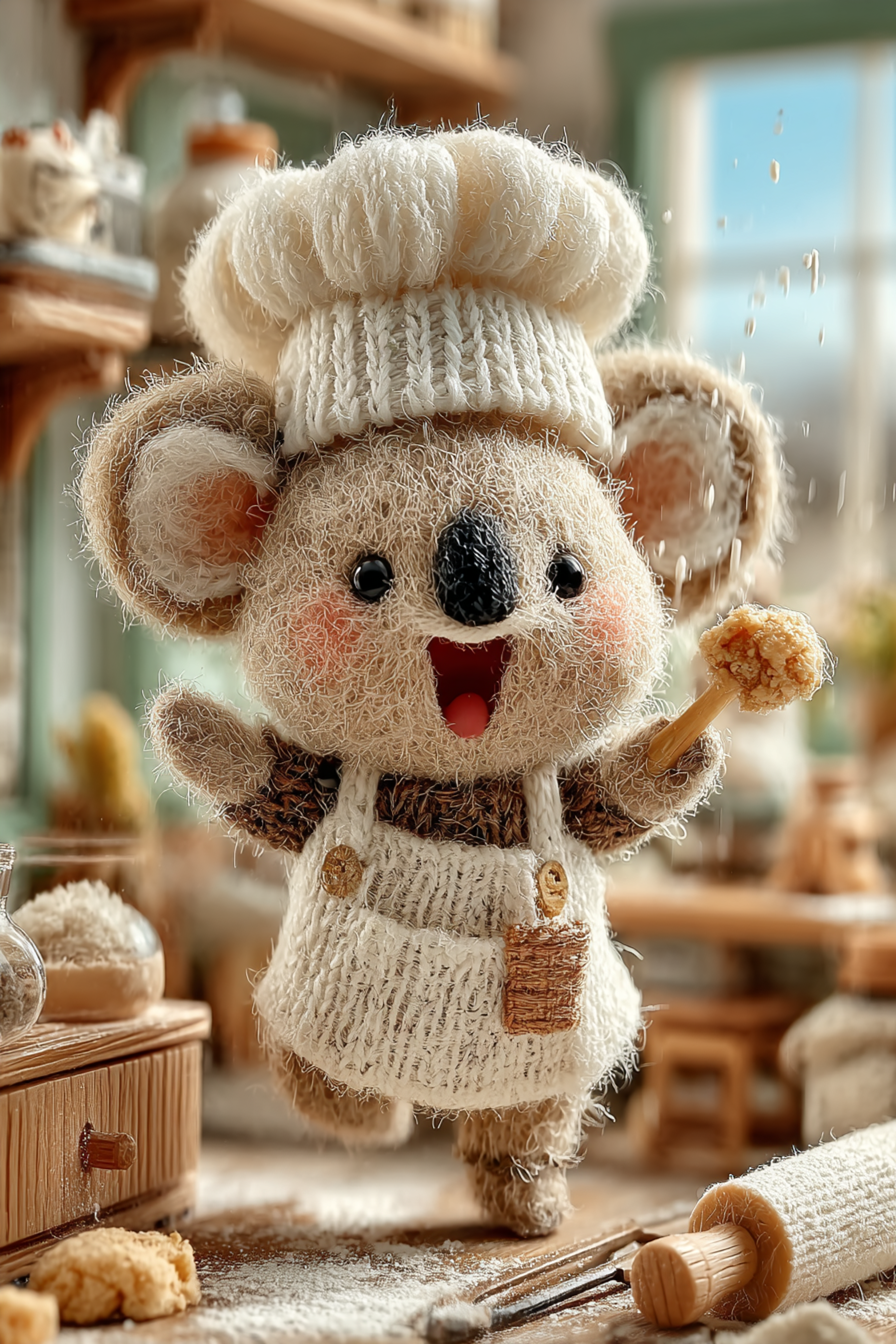 Tiny Wool Baby Koala Baking Scene