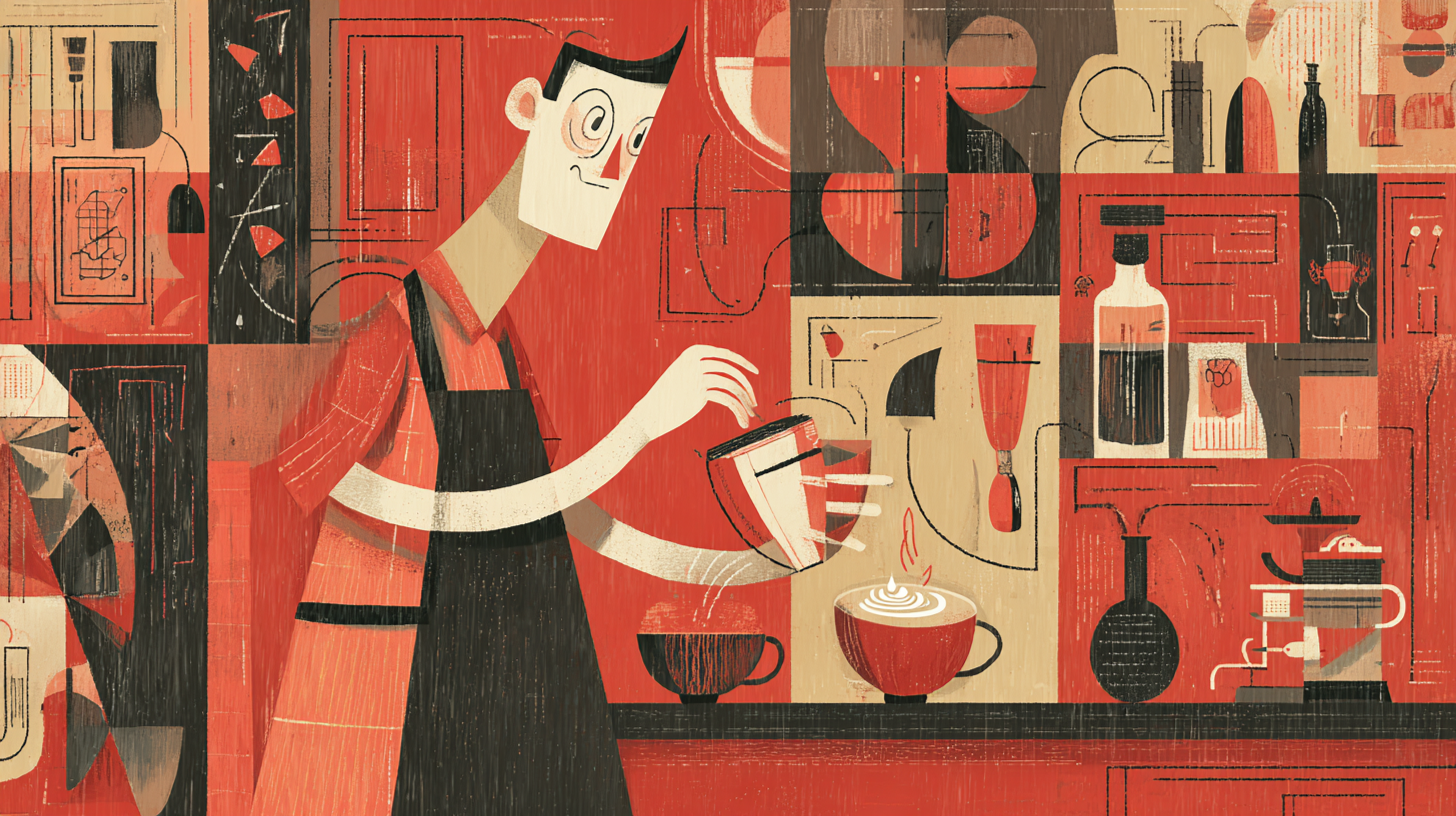 Ink Watercolor Barista Making Latte with Latte Illustration