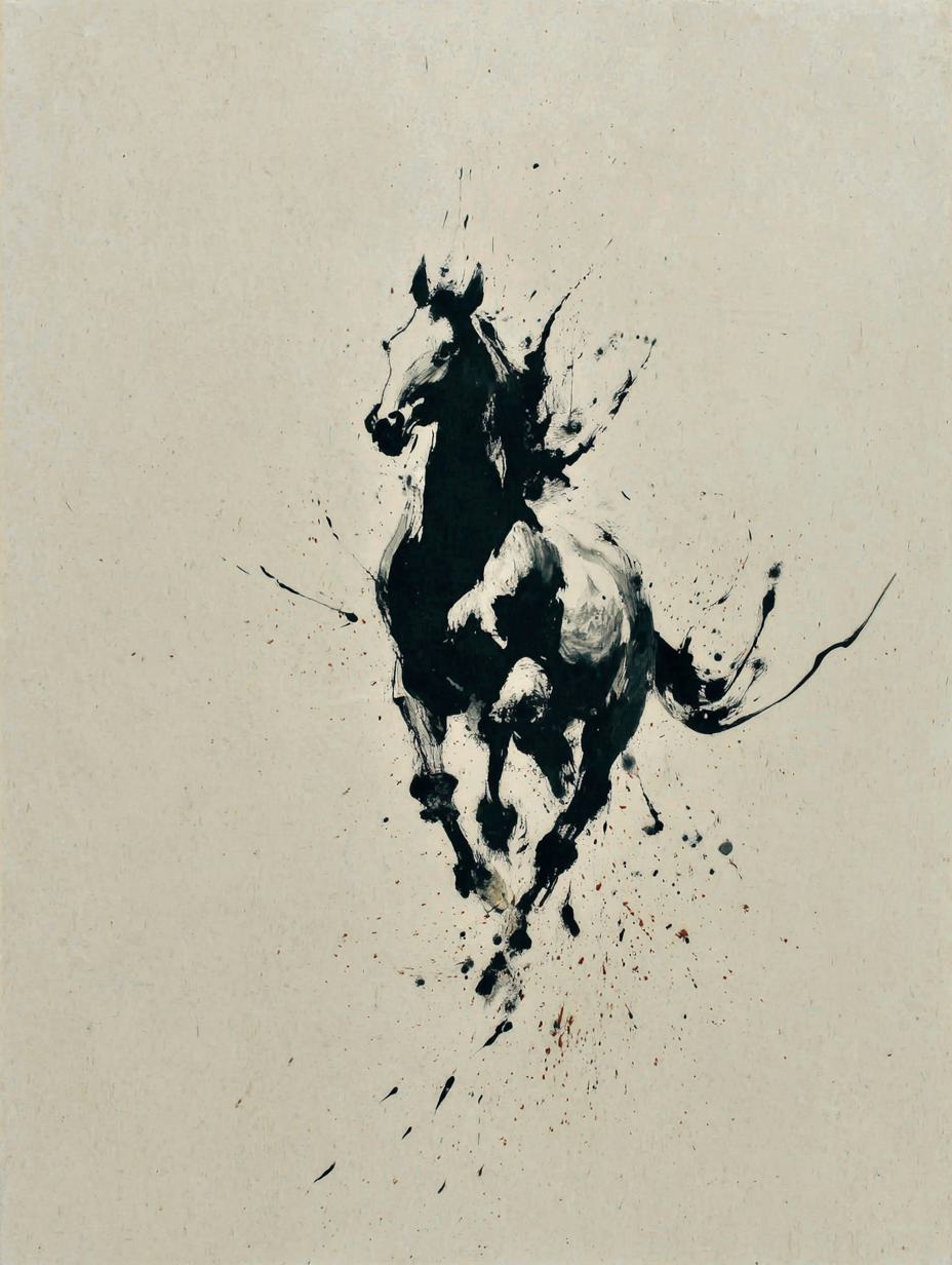 Minimalist Abstract Ink Wash Wild Horse Painting