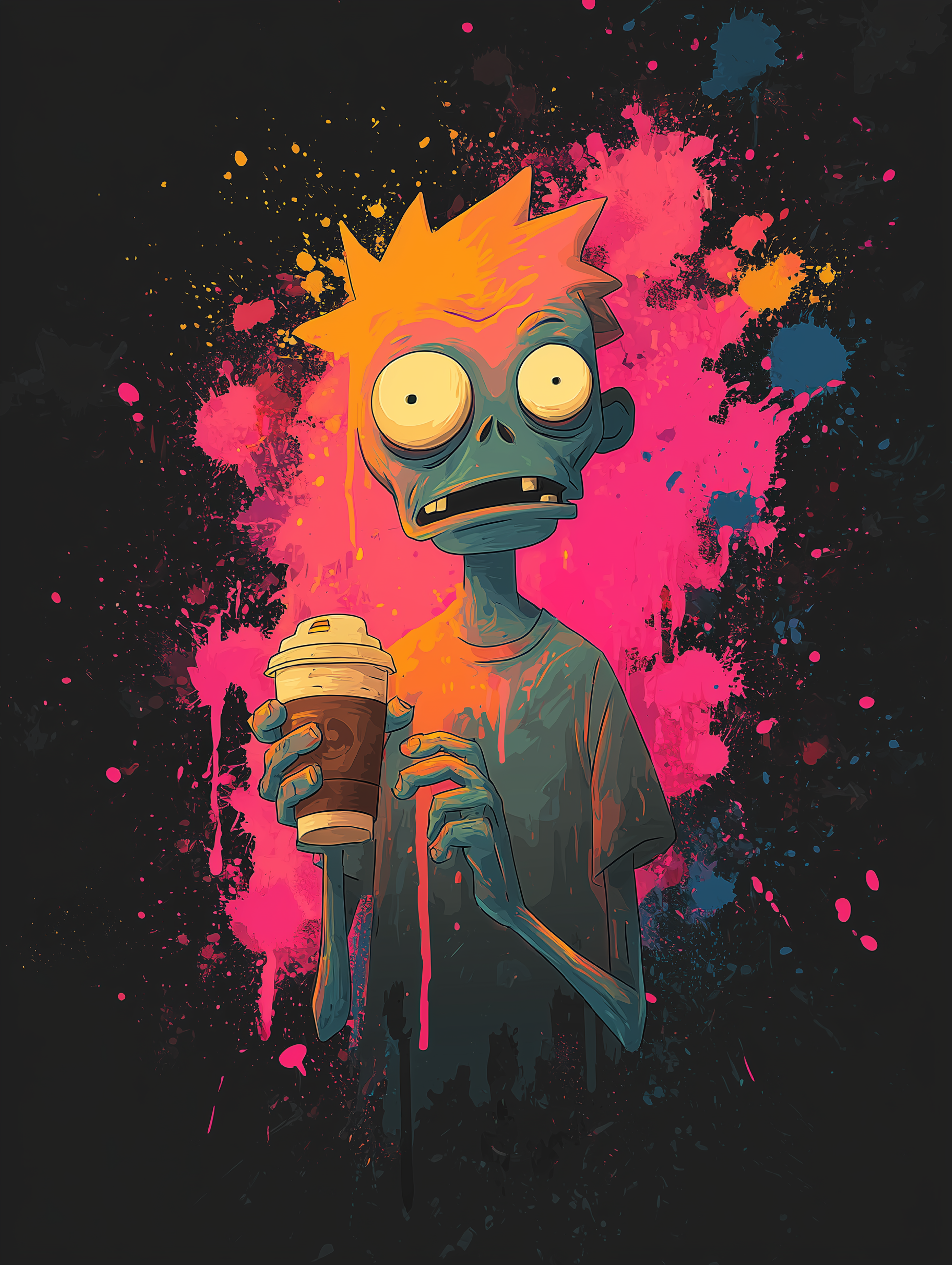 Paint Splatter Tired Zombie Holding a Coffee Cup Graphic