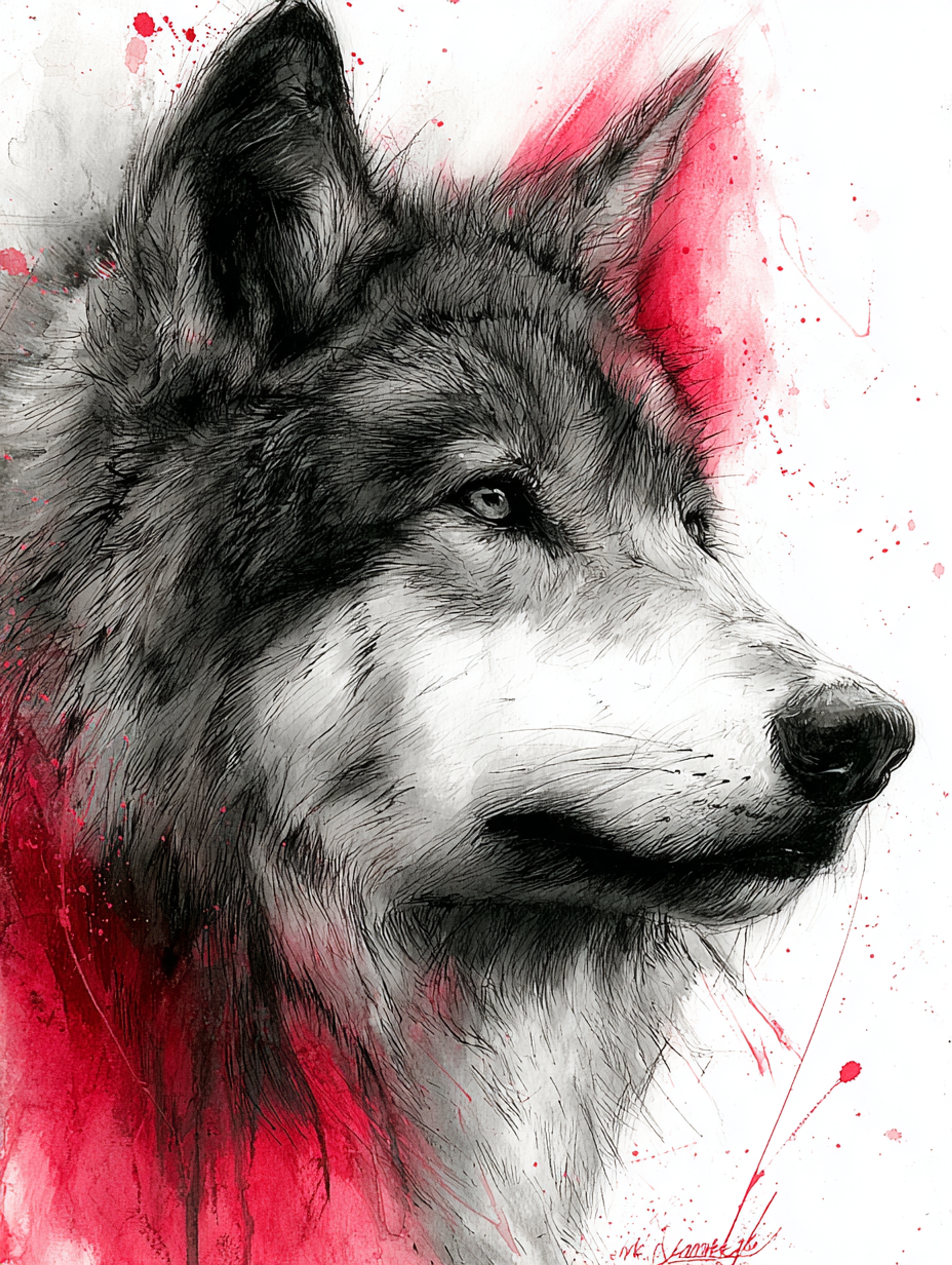 Monochrome Ink Watercolor Wolf Painting
