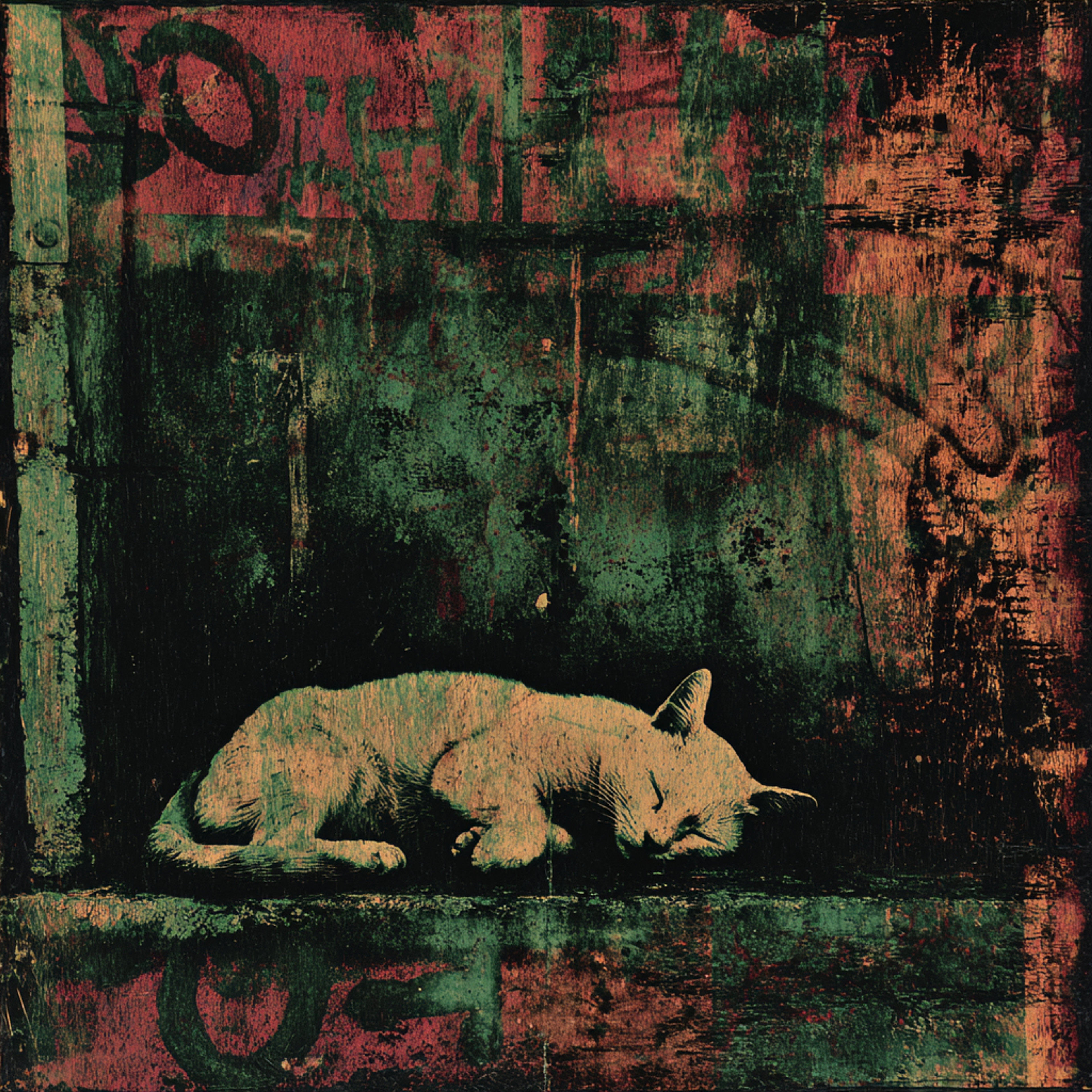 Gritty Urban Cat Sleeping Artwork