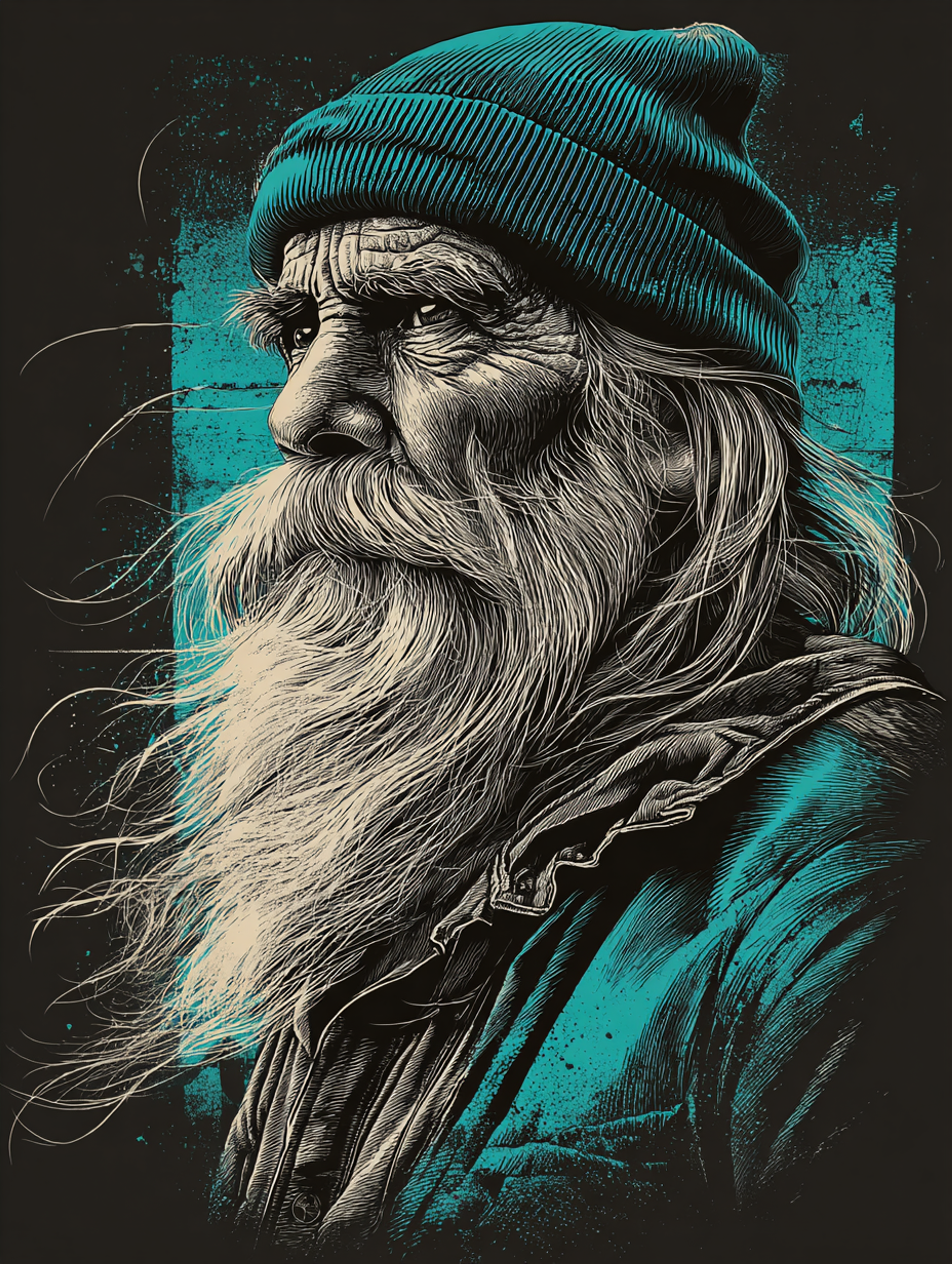 Vintage Screen Print Old Man Illustration