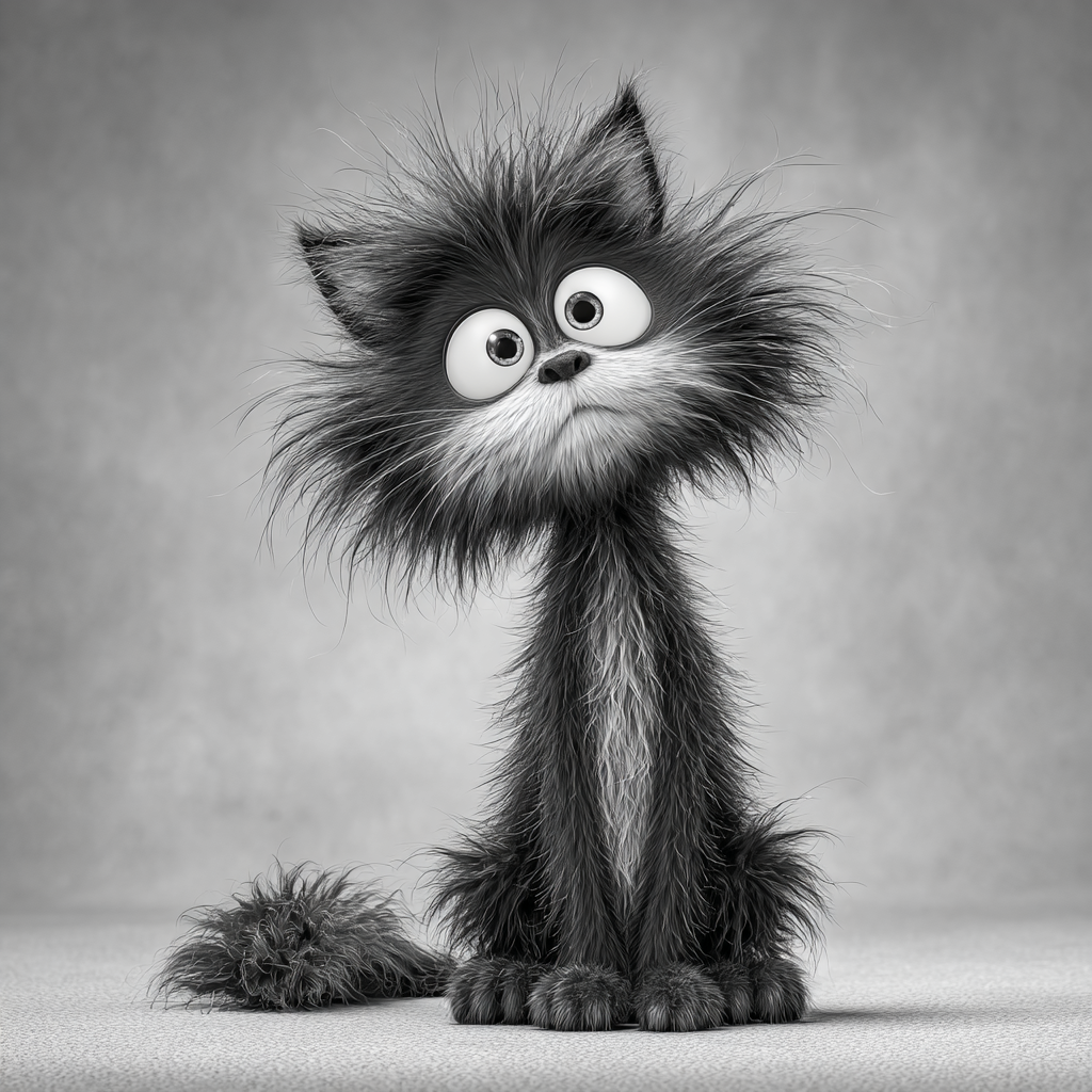 Black and White Shaggy Cat Cartoon Portrait
