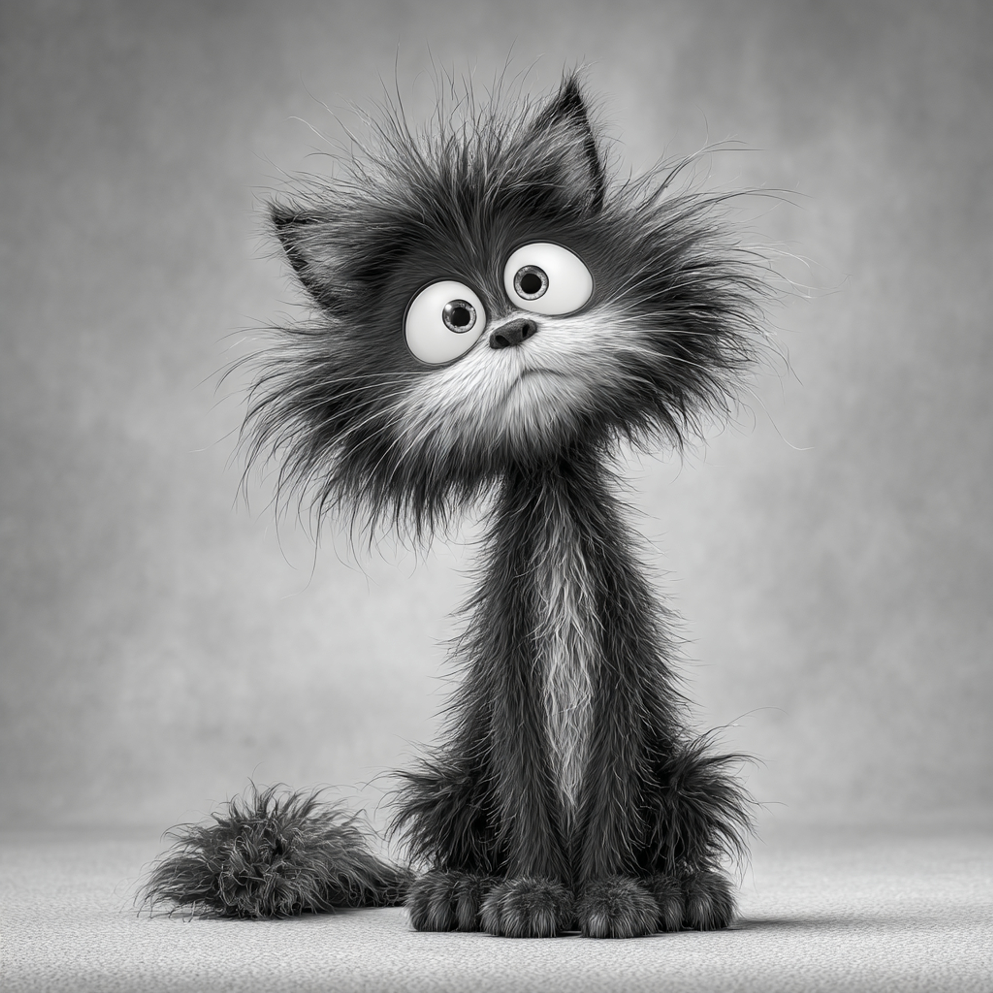 Black and White Shaggy Cat Cartoon Portrait