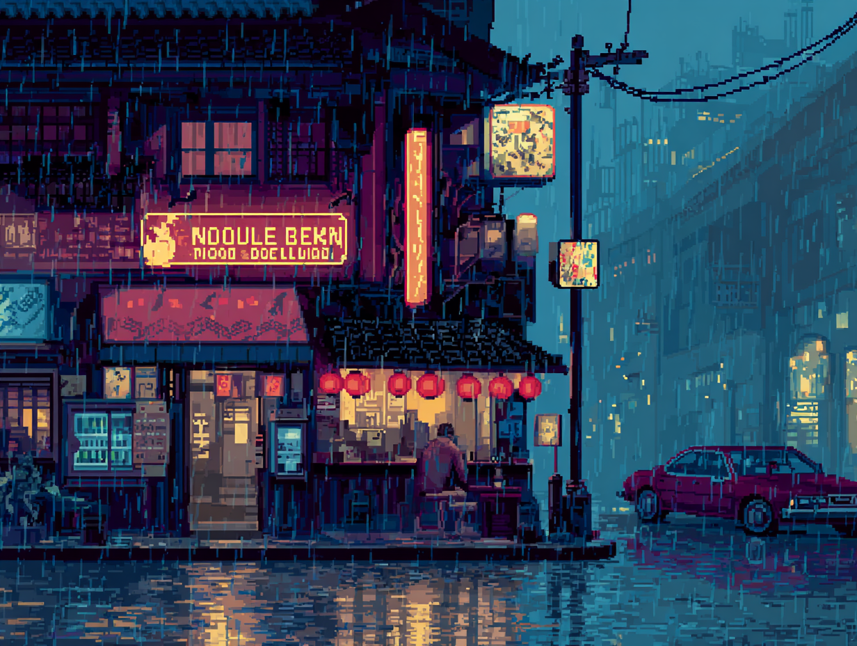 Cyberpunk Noodle Bar on Rainy Landscape Scene Composition 2