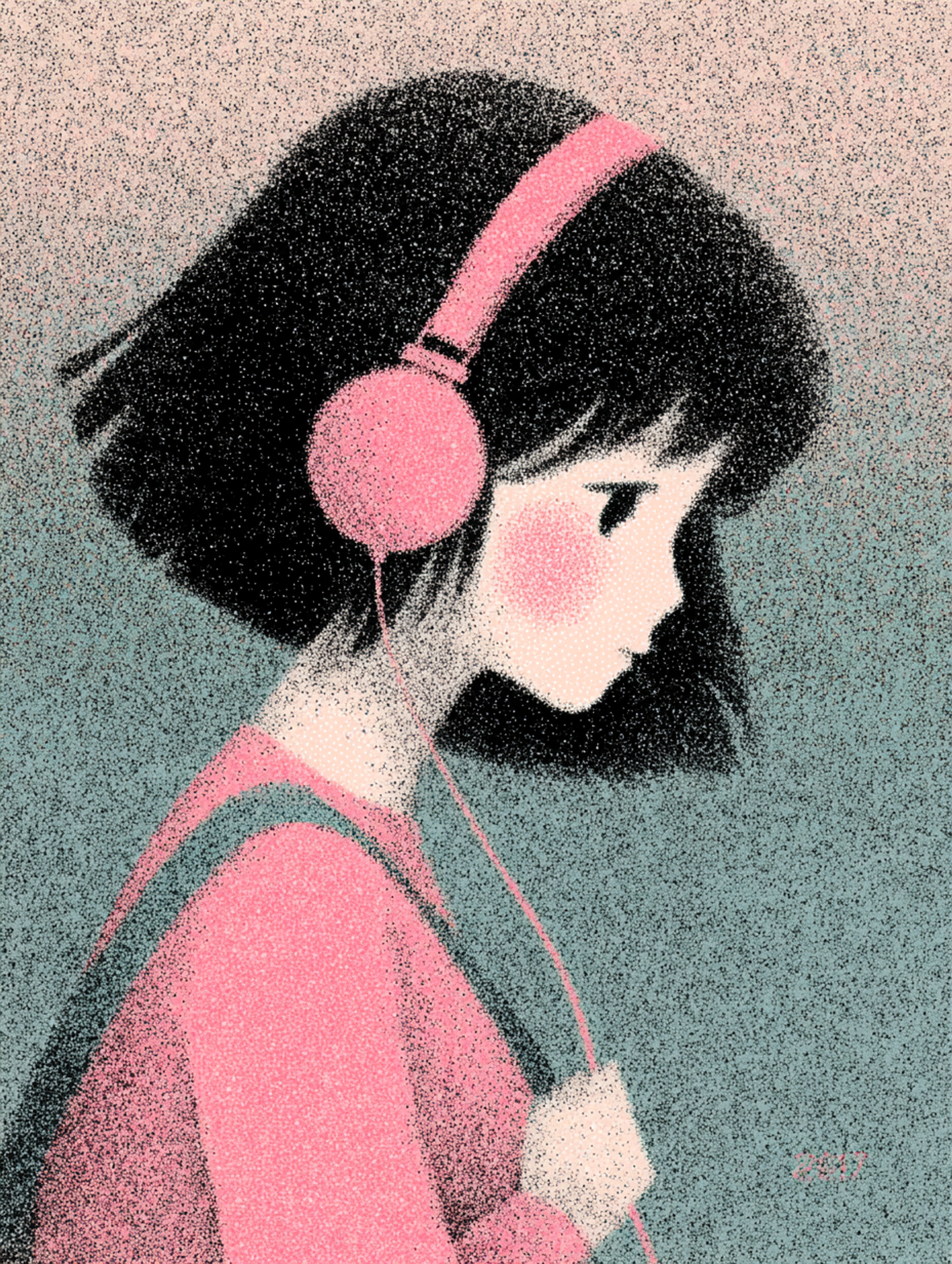 Grainy Retro Girl with Headphones Illustration