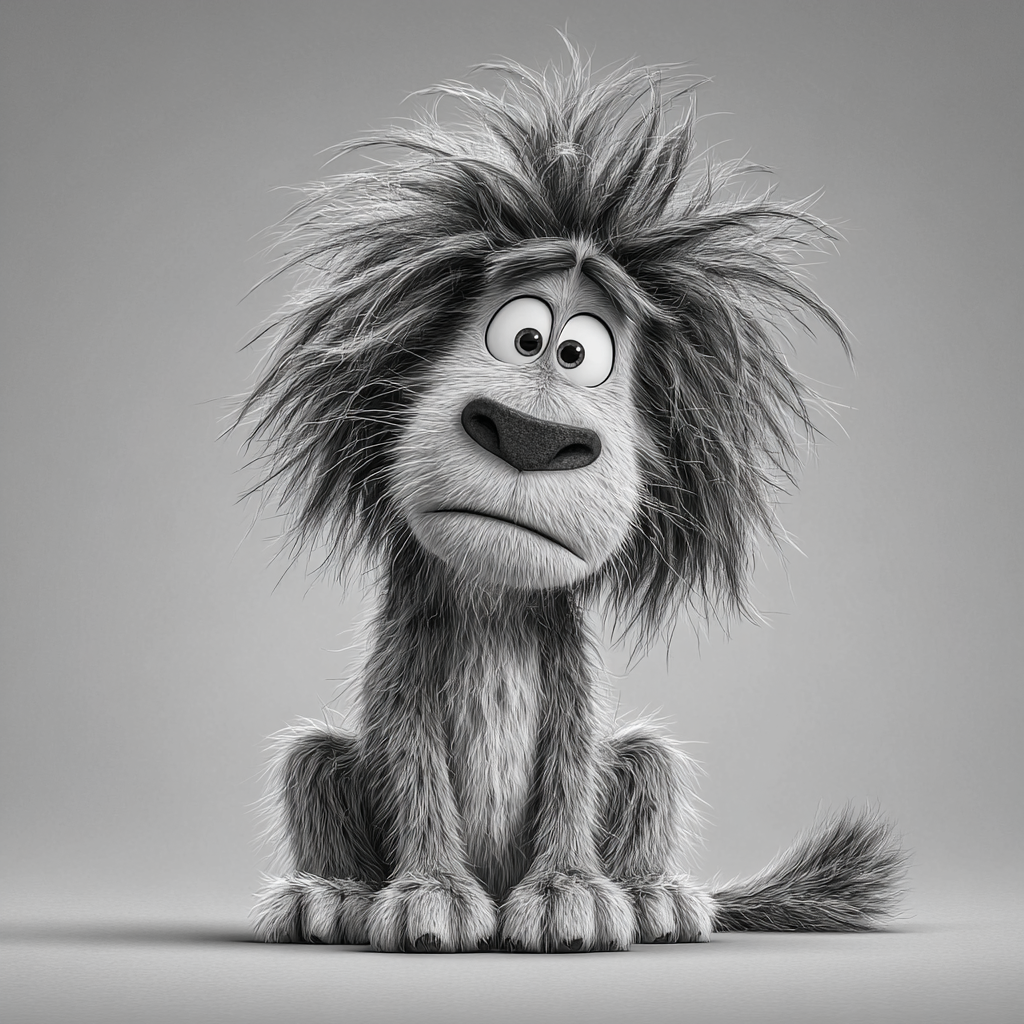 Black and White Shaggy Lion Cartoon Portrait